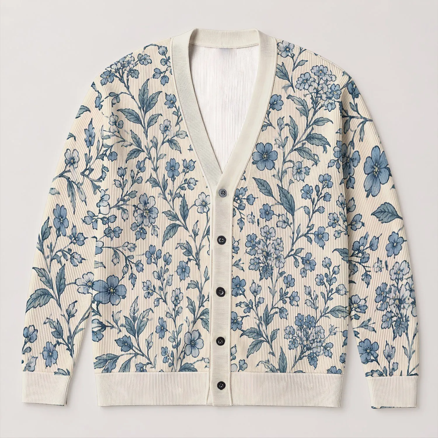 Blue Botanical Wildflower Motifs for Everyday Layering and Casual Women's Wardrobe Style All-over Print Knitted Cardigan - 1