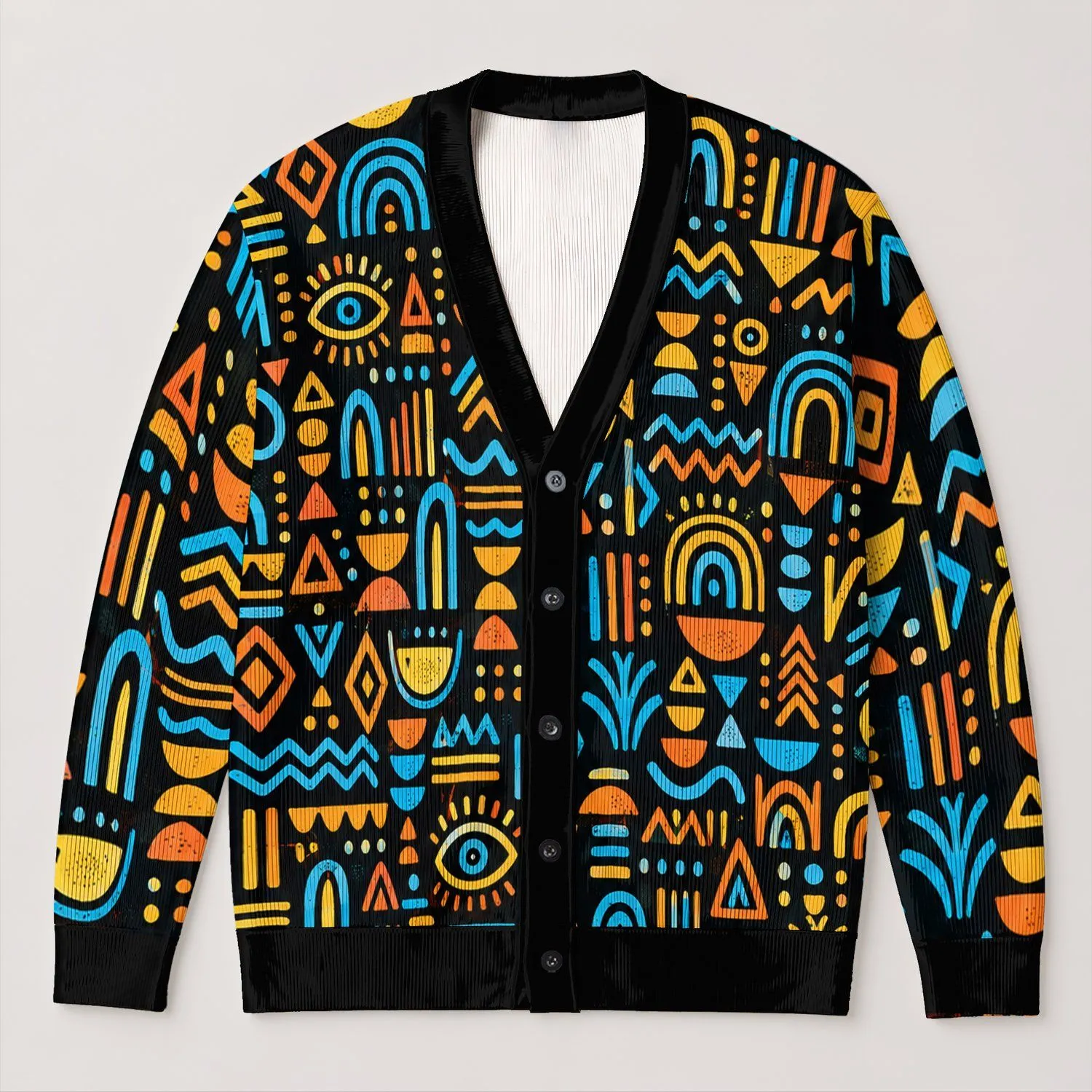 Vibrant Bohemian Geometric Motifs for Casual Layering and Fall Outings, Bold Style All-over Print Knitted Cardigan - 1