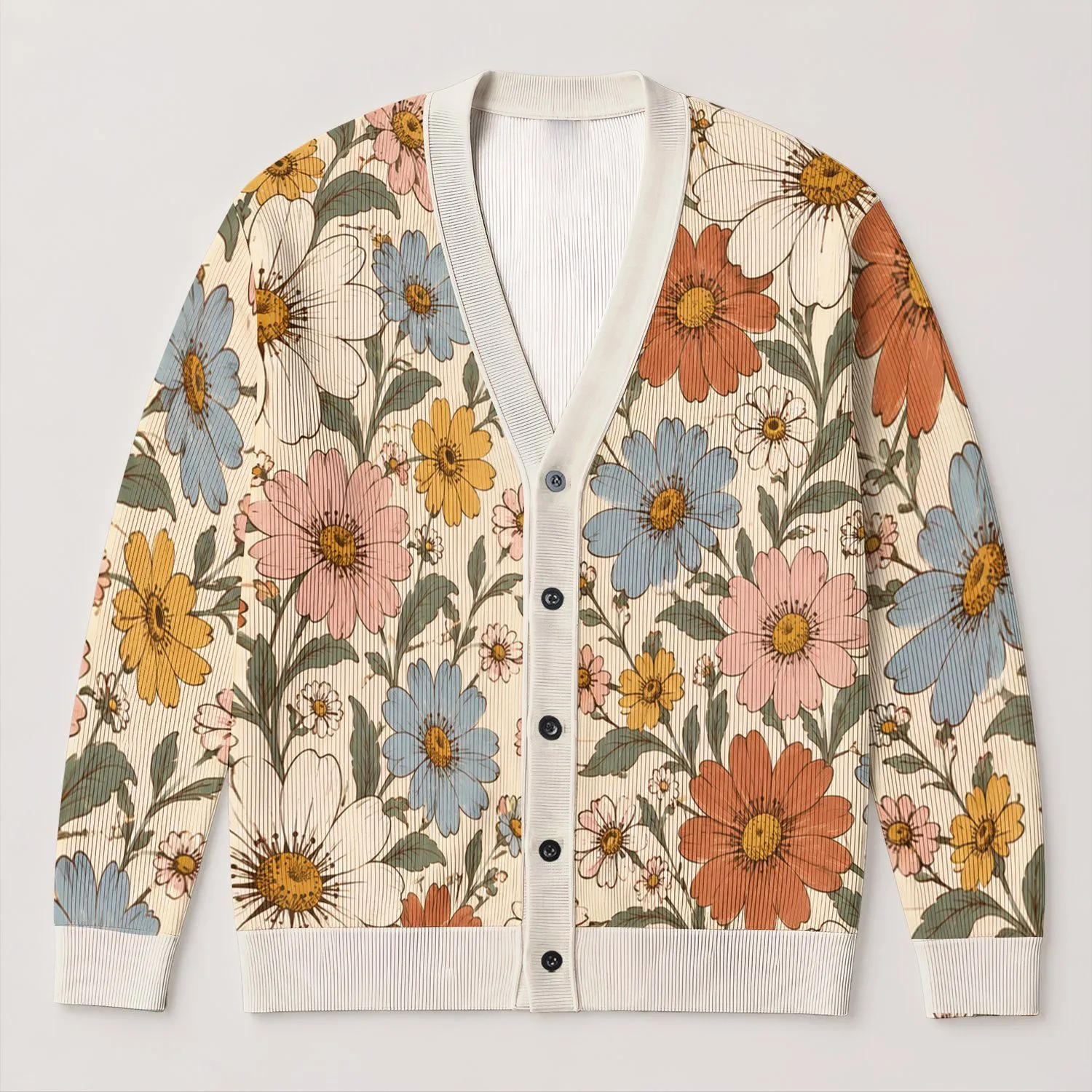 Colorful Bohemian Daisy Blooms for Relaxed Everyday Layering and Weekend Garden Style All-over Print Knitted Cardigan - 1