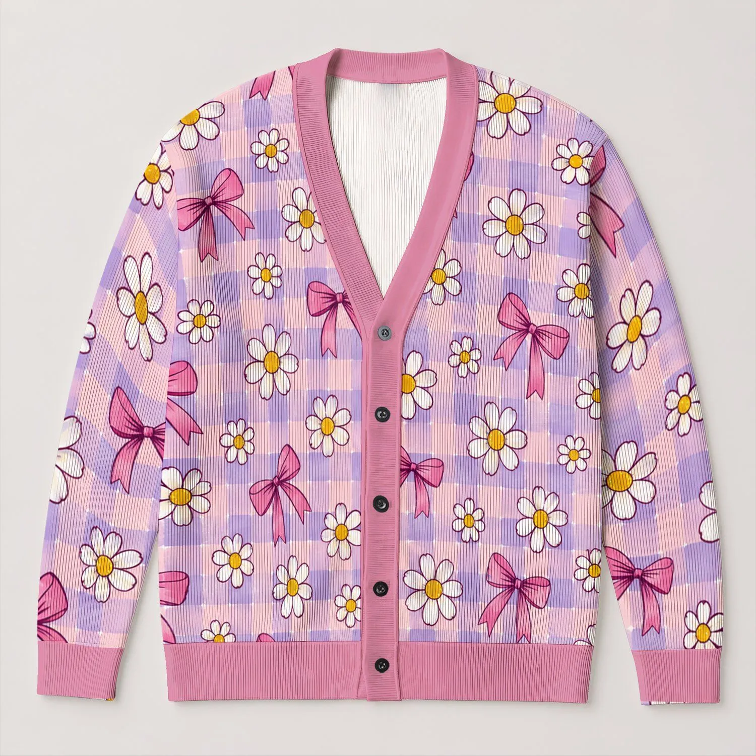 Pink Daisy Bow Checkered Floral Style for Cheerful Everyday Layering and Gifting All-over Print Knitted Cardigan - 1