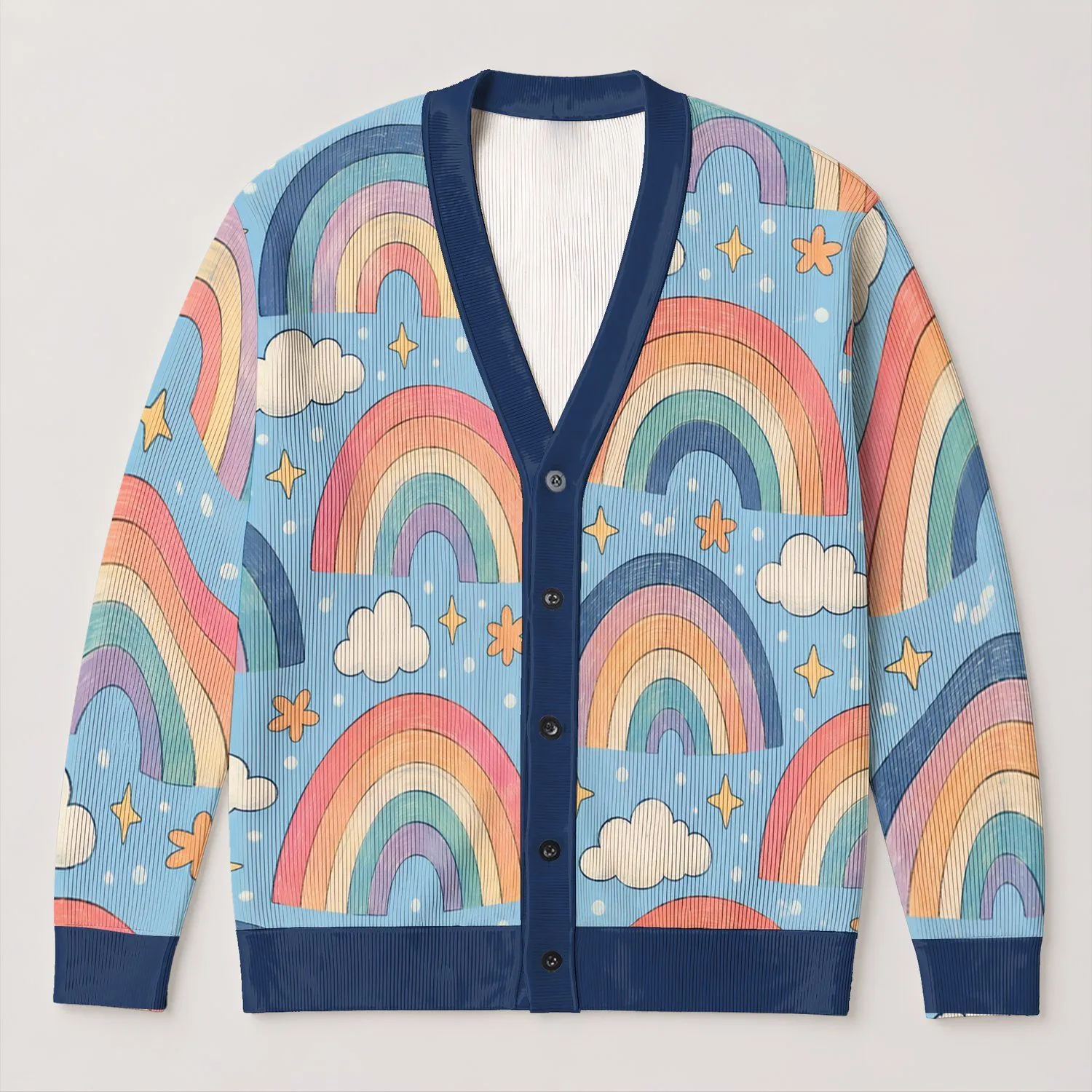 Rainbow Arches and Clouds for Cheerful Everyday Layering, Plus Size Women's Style All-over Print Knitted Cardigan - 1