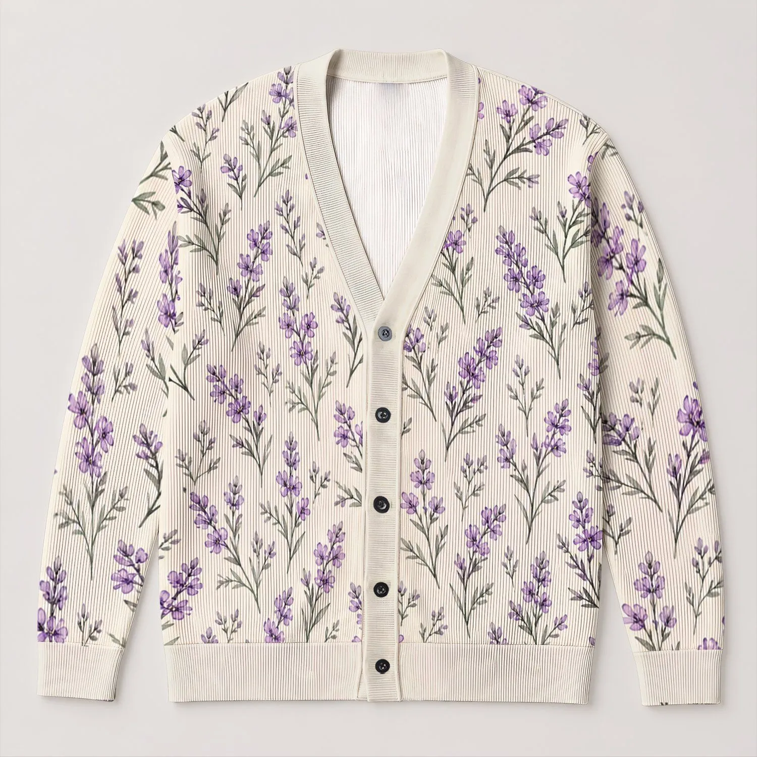 Lavender Wildflower Sprigs for Cottage Garden Style and Everyday Layering for Women All-over Print Knitted Cardigan - 1