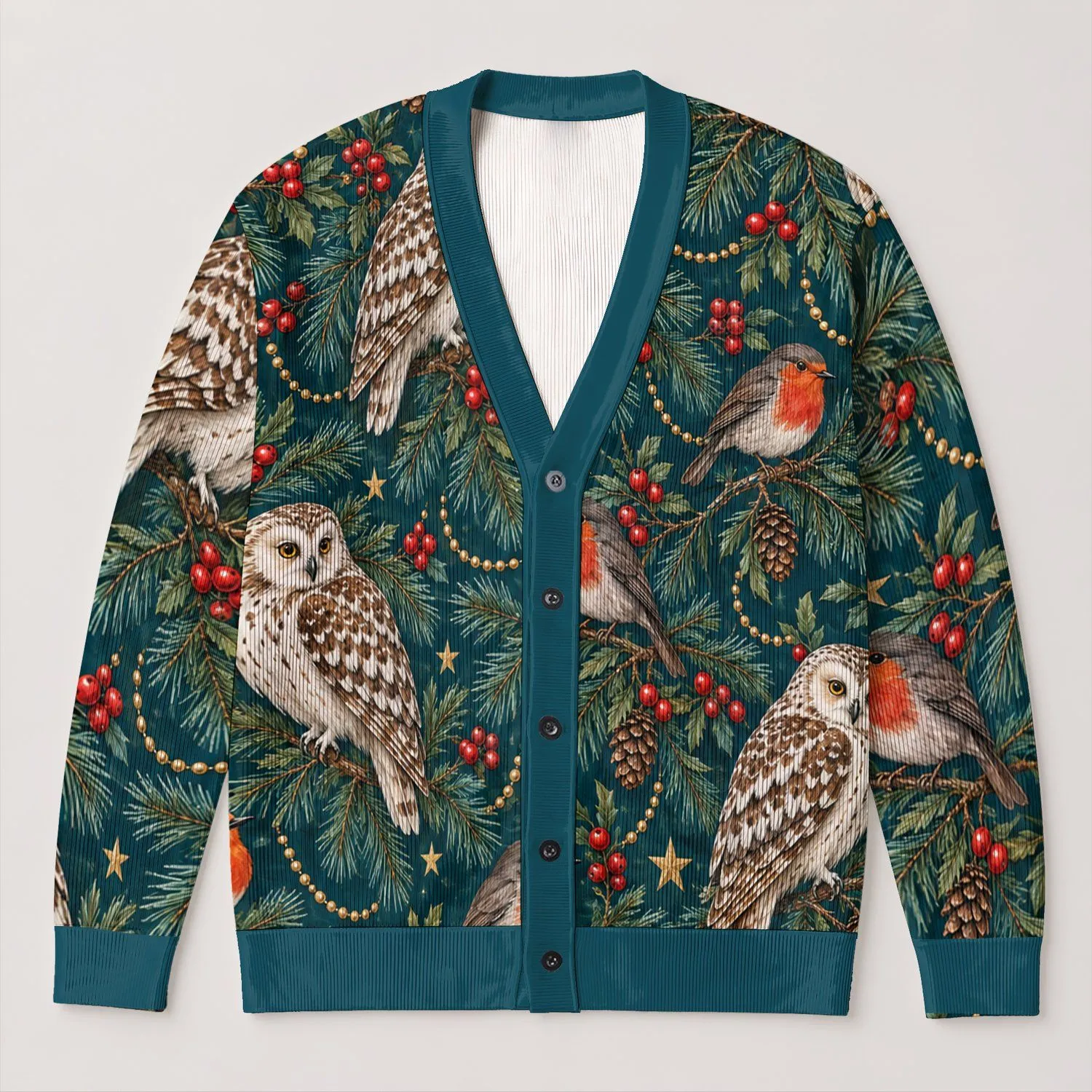 Realistic Owl and Songbird Forest Scene for Cozy Holiday Outings and Weekend Gatherings All-over Print Knitted Cardigan - 1