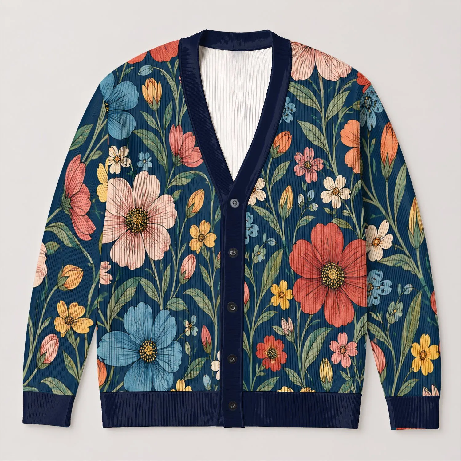 Vibrant Hand-Drawn Floral Blooms for Spring Layering and Everyday Casual Womenswear All-over Print Knitted Cardigan - 1