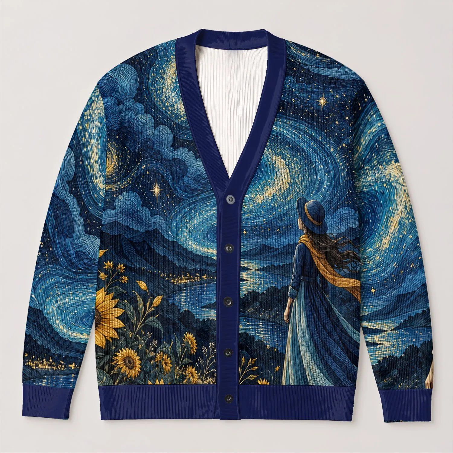 Moonlit Wanderer Under Indigo Skies for Relaxed Layering, Travel Days, and Strolls All-over Print Knitted Cardigan - 1