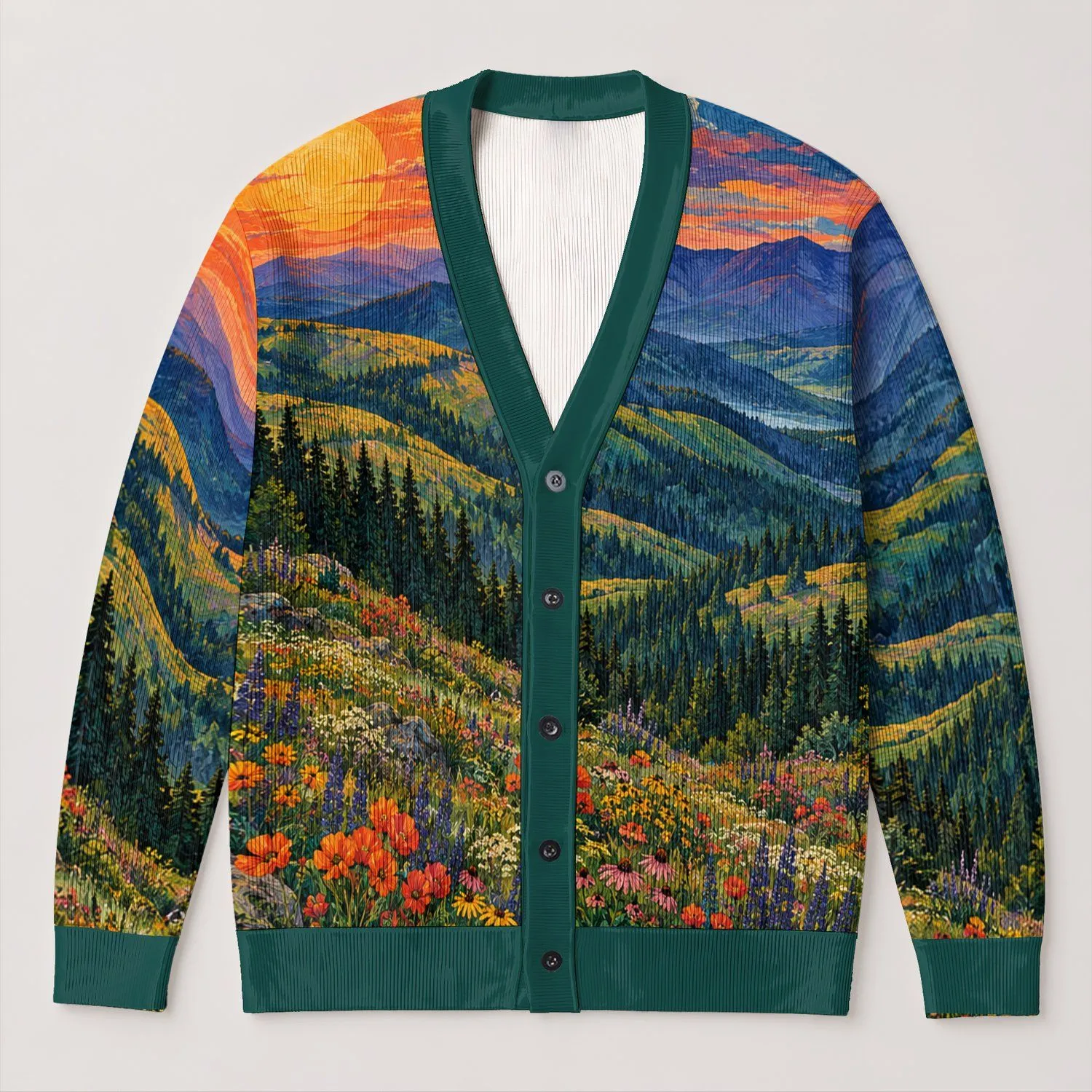 Colorful Mountain Meadow Sunset Scene for Relaxed Weekend Layering and Nature Lovers All-over Print Knitted Cardigan - 1
