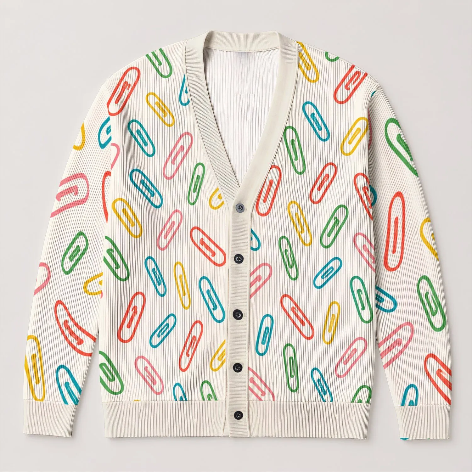 Colorful Paperclip Motifs for Creative Casual Layering and Office Style for Modern Women All-over Print Knitted Cardigan - 1