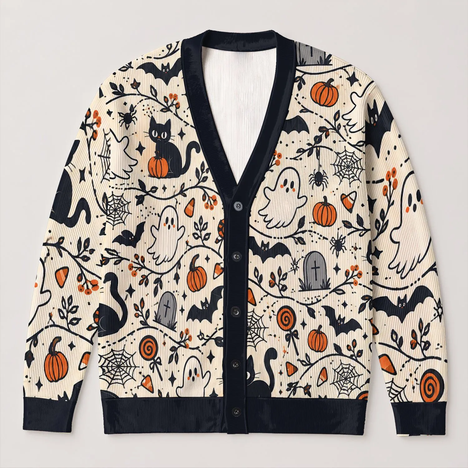 Cute Halloween Ghosts, Black Cats and Candy Corn for Cozy Autumn Layering Style for Women All-over Print Knitted Cardigan - 1