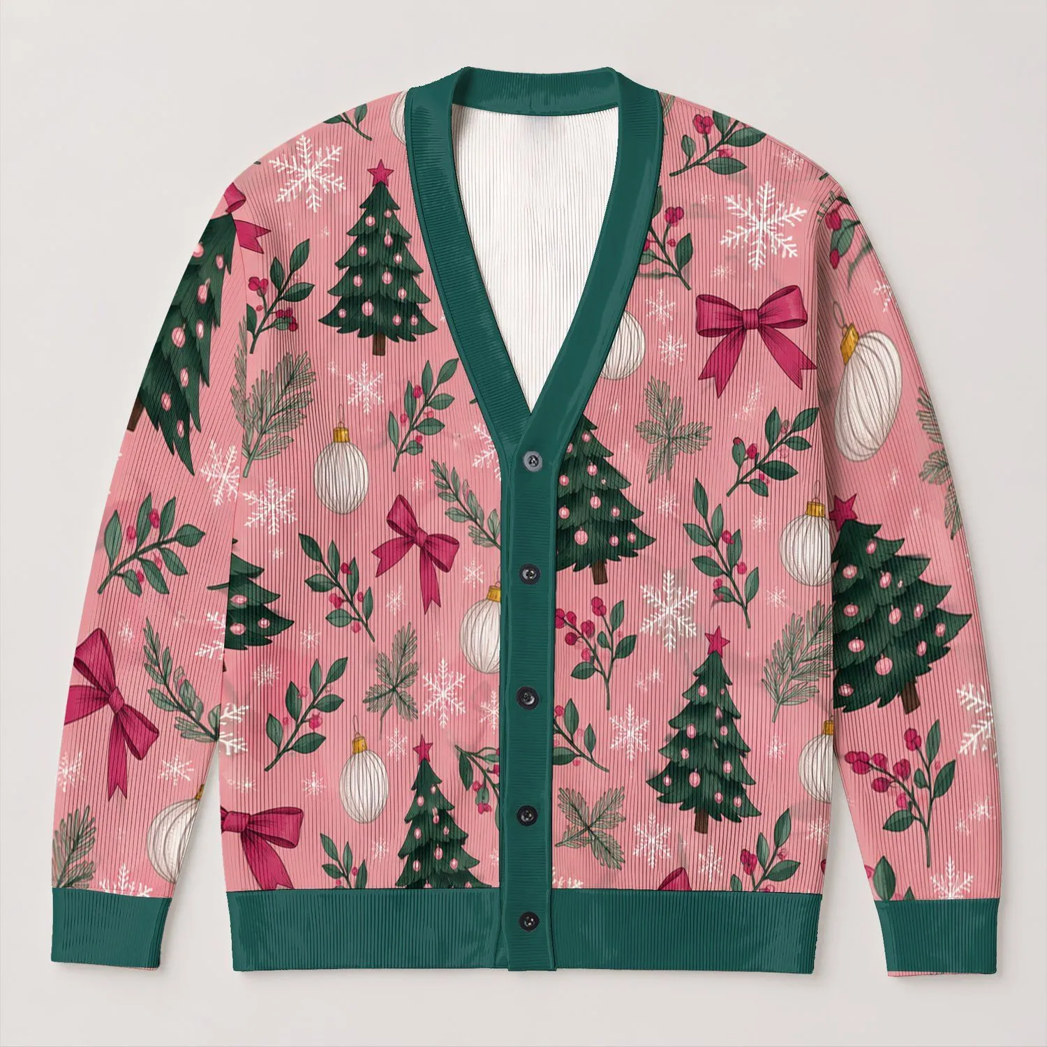 Pink Christmas Trees, Bows and Snowflakes for Holiday Gatherings and Cozy Layering All-over Print Knitted Cardigan - 1