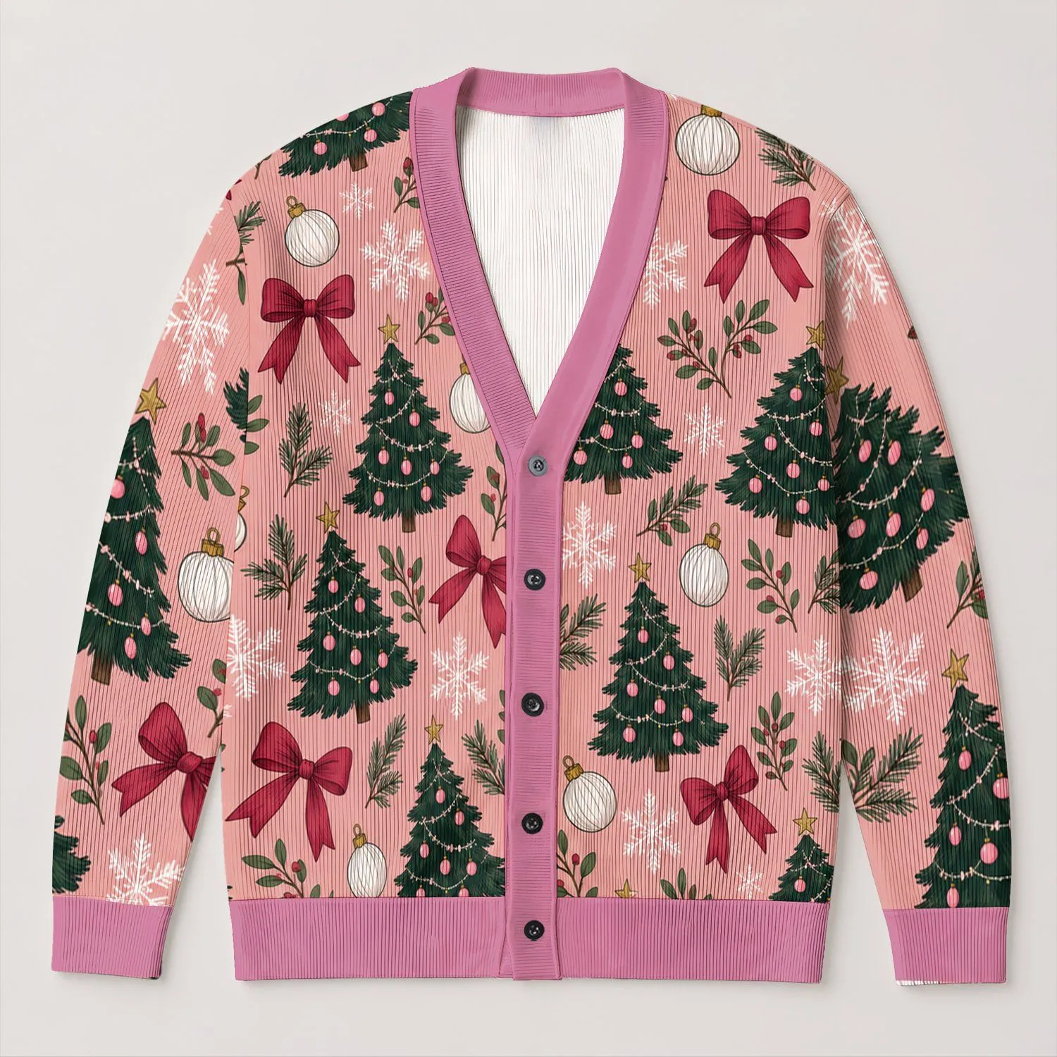 Pink Christmas Trees Snowflakes and Bows for Cozy Holiday Gatherings and Festive Parties All-over Print Knitted Cardigan - 1