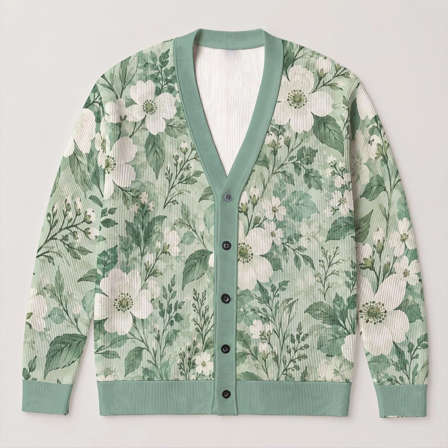 Mint Green Botanical Blooms for Relaxed Spring Layering and Everyday Weekend Style All-over Print Knitted Cardigan - 1