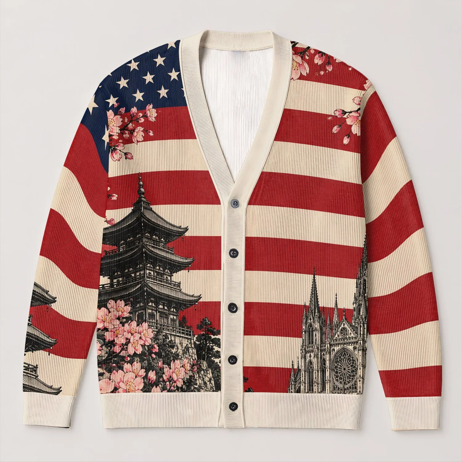 American Flag Cherry Blossoms And Global Architecture For Everyday Layering Women All-over Print Knitted Cardigan - 1