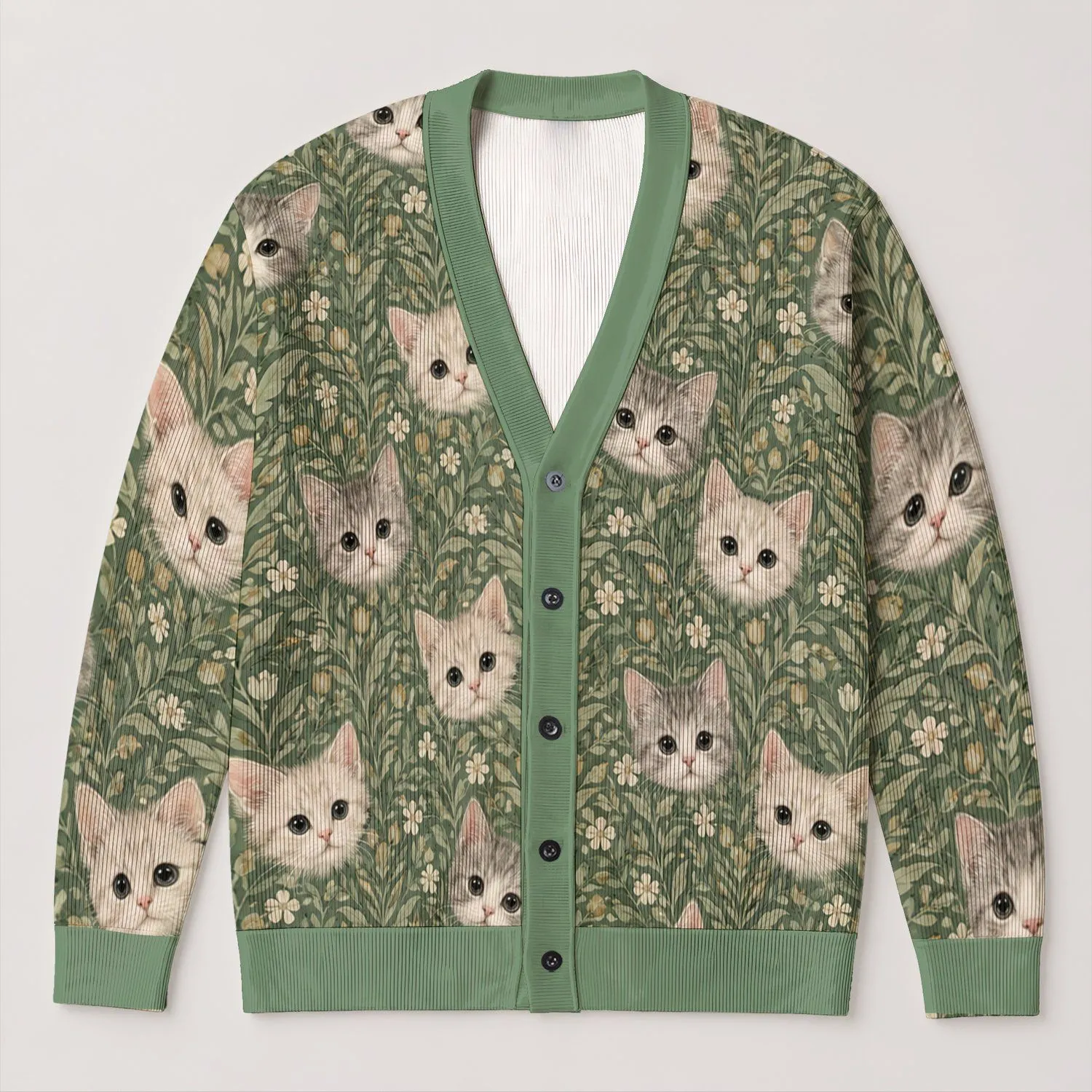 Cream Kitten Faces With Sage Green Texture for Cozy Everyday Layering, Cat Lovers All-over Print Knitted Cardigan - 1