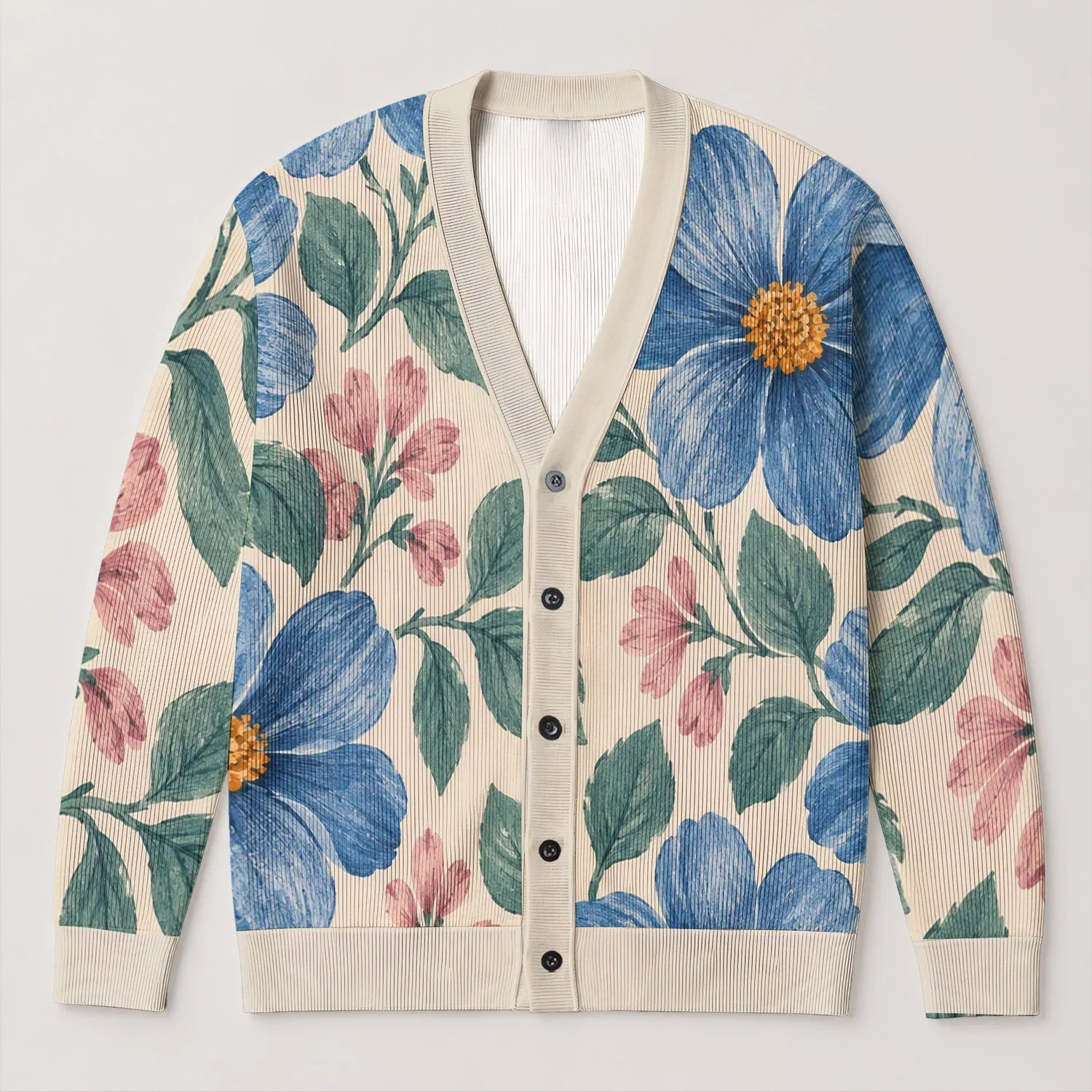 Blue Daisy Floral Motif With Orange Centers For Relaxed Weekend Layering Women’s Style All-over Print Knitted Cardigan - 1