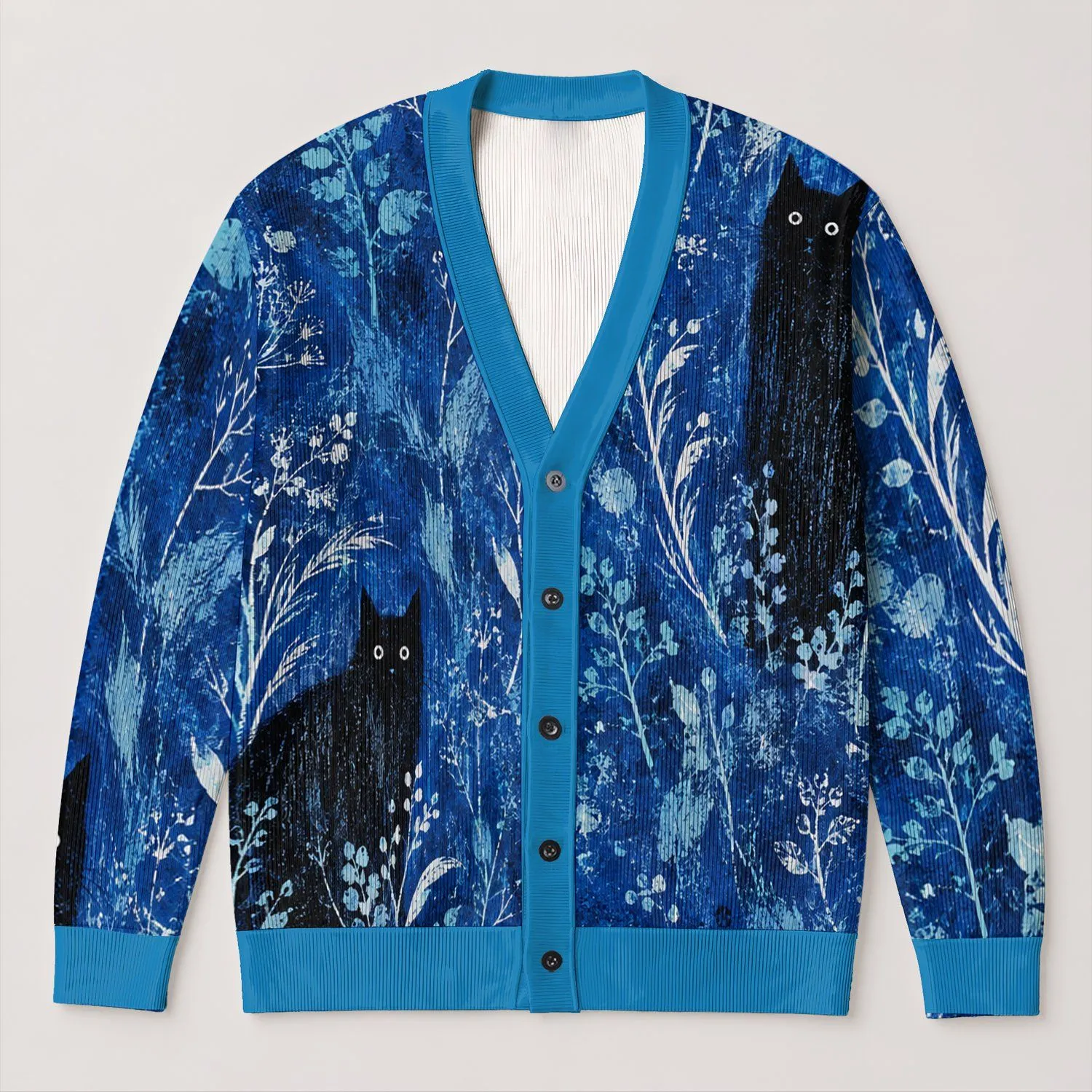 Blue Watercolor Black Cat Silhouettes For Relaxed City Layering And Daily Outings All-over Print Knitted Cardigan - 1