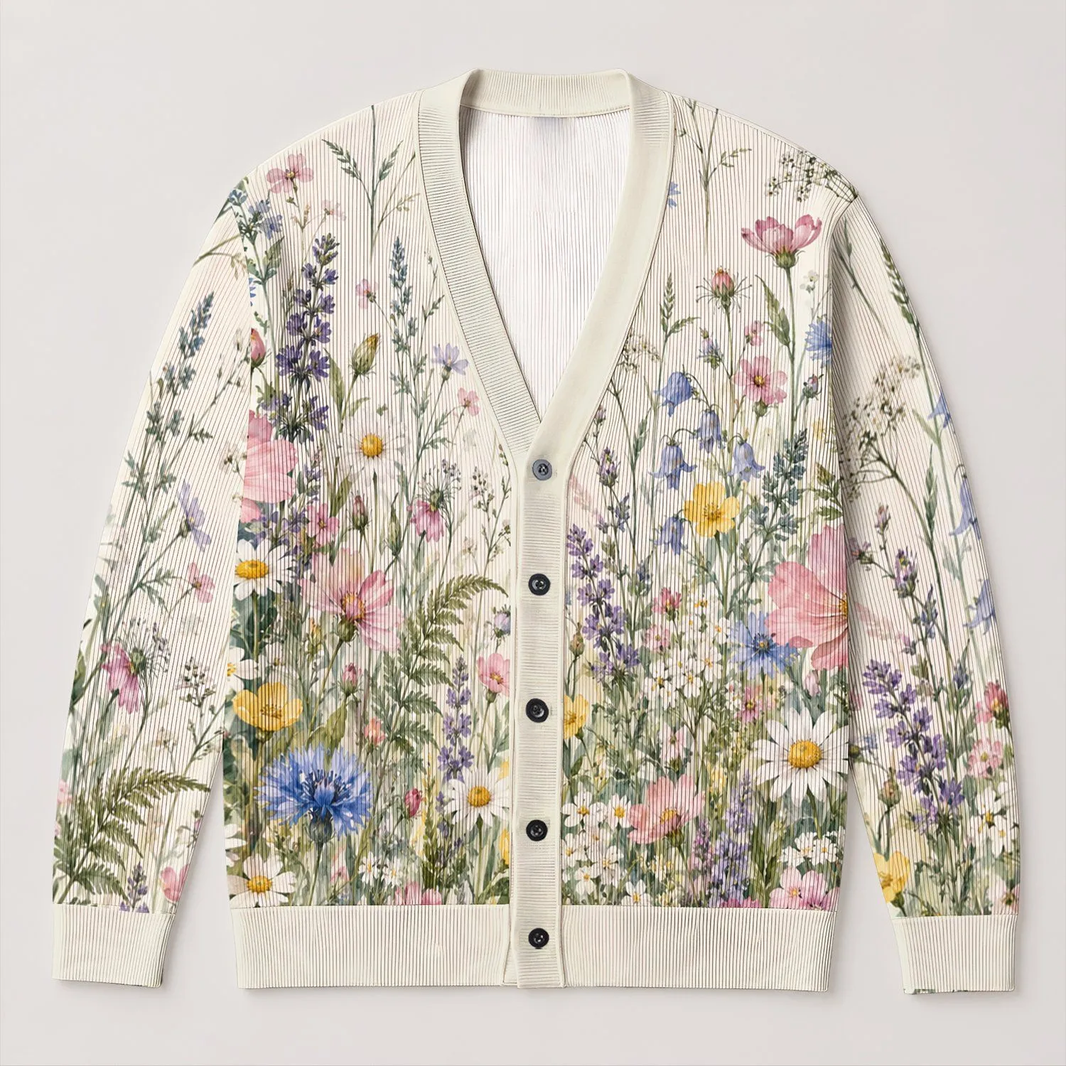 Watercolor Wildflower Meadow for Everyday Layering and Spring Garden Outings for Women All-over Print Knitted Cardigan - 1