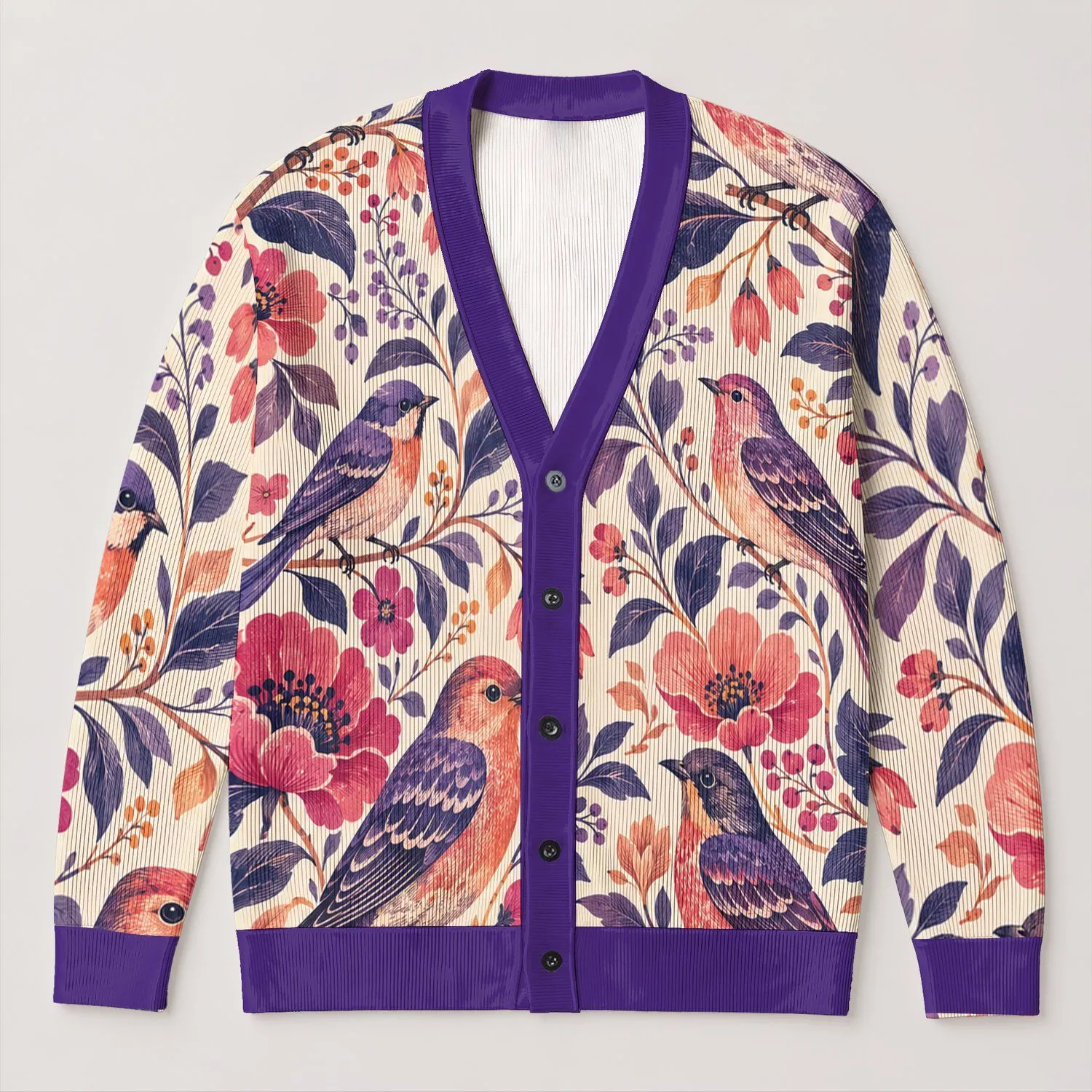 Purple Birds And Tropical Blooms For Spring Layering And Everyday Commuting For Women All-over Print Knitted Cardigan - 1