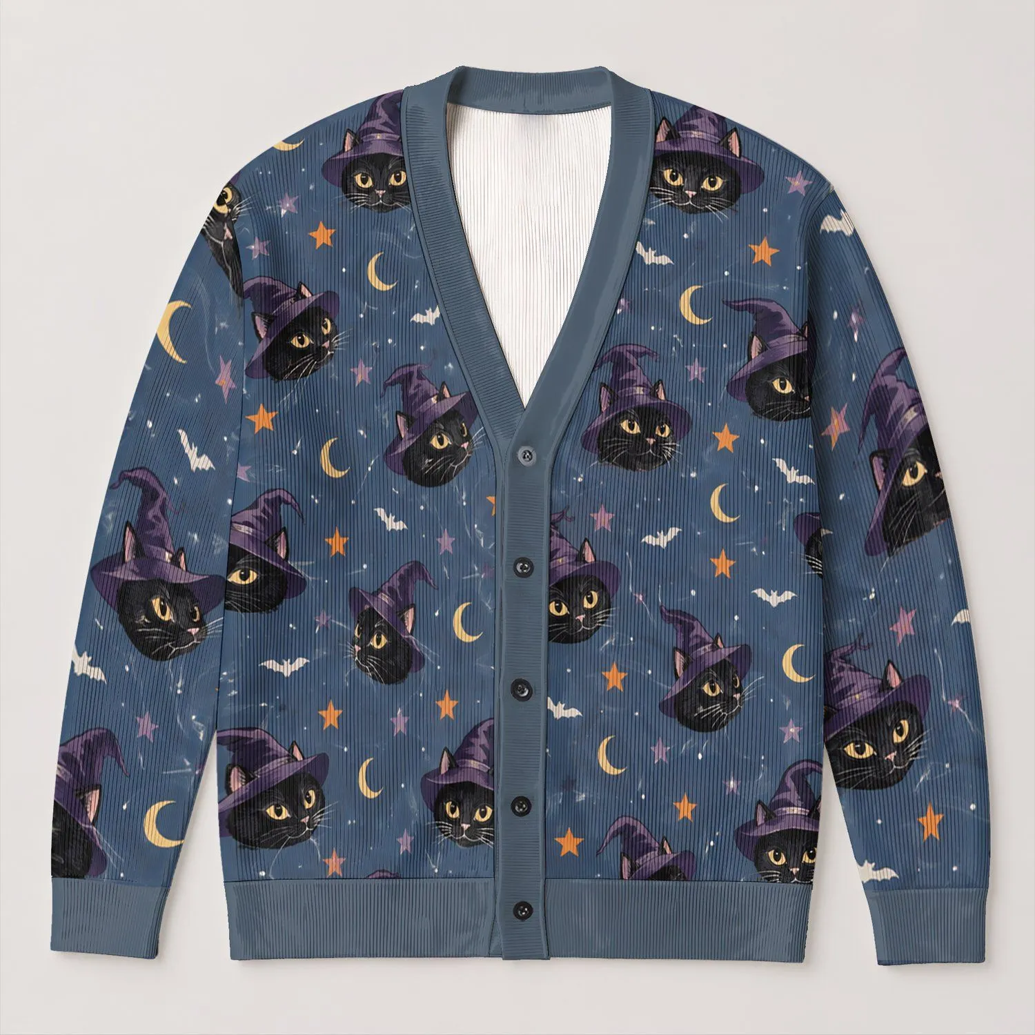 Black Cats and Purple Witch Hats for Cozy Autumn Layering and Everyday Women's Style All-over Print Knitted Cardigan - 1