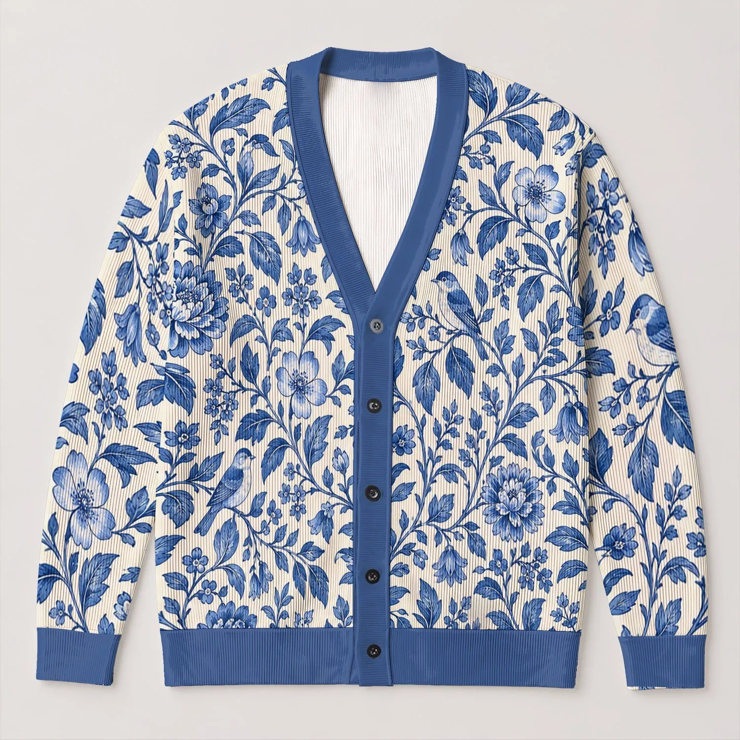 Blue Botanical Birds and Florals for Relaxed Everyday Layering, Garden-Loving Women All-over Print Knitted Cardigan - 1
