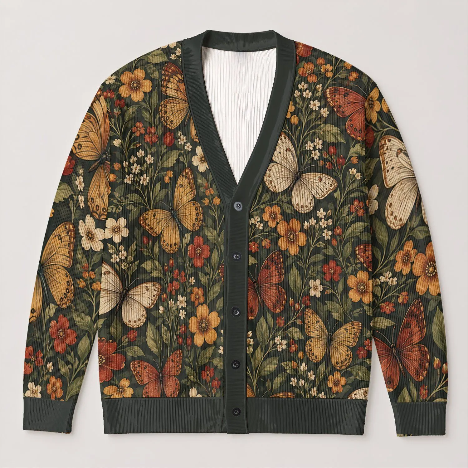 Vintage Butterfly Floral Motifs for Autumn Layering, Cottagecore Outings, and Gift Giving All-over Print Knitted Cardigan - 1