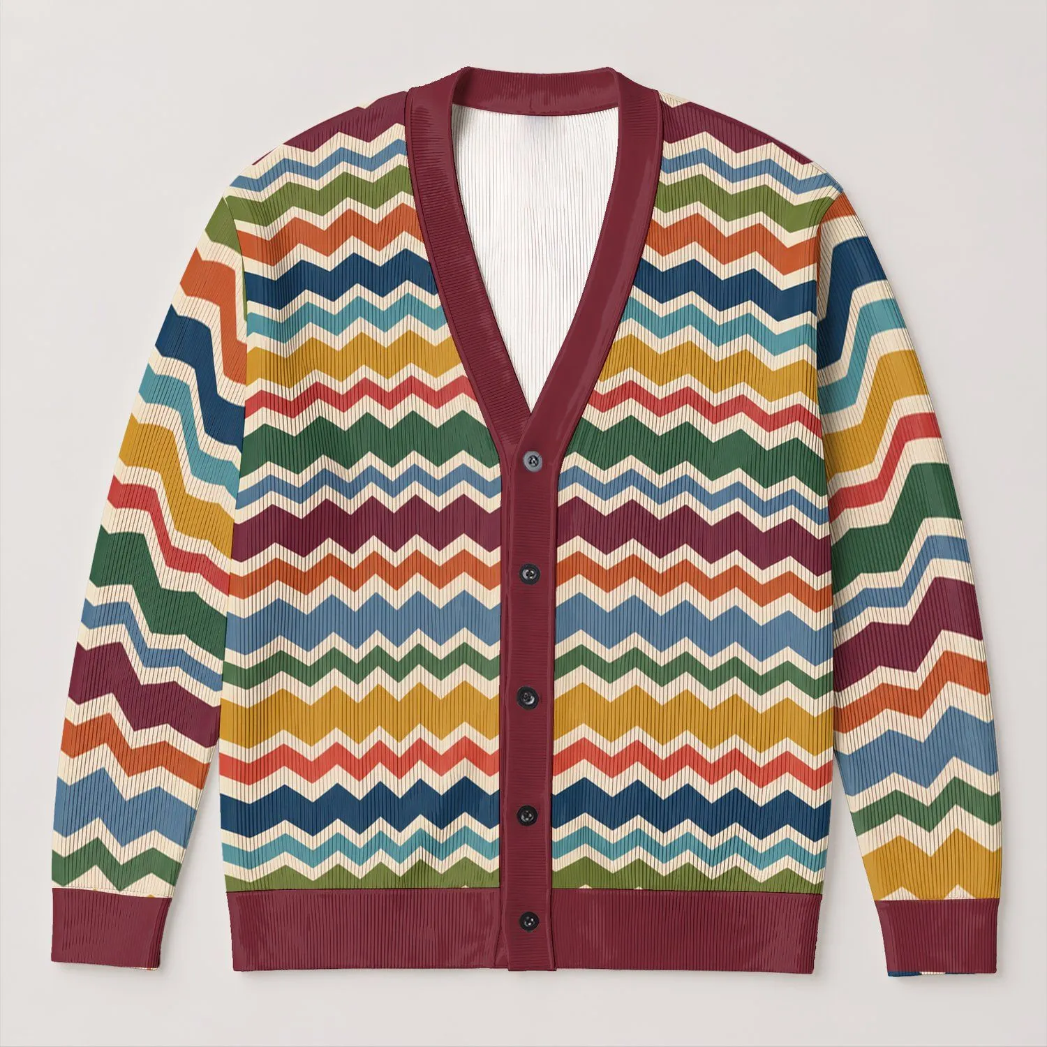 Multicolor Wavy Stripes for Relaxed Weekend Layering and Travel Days, Women's Casual Style All-over Print Knitted Cardigan - 1