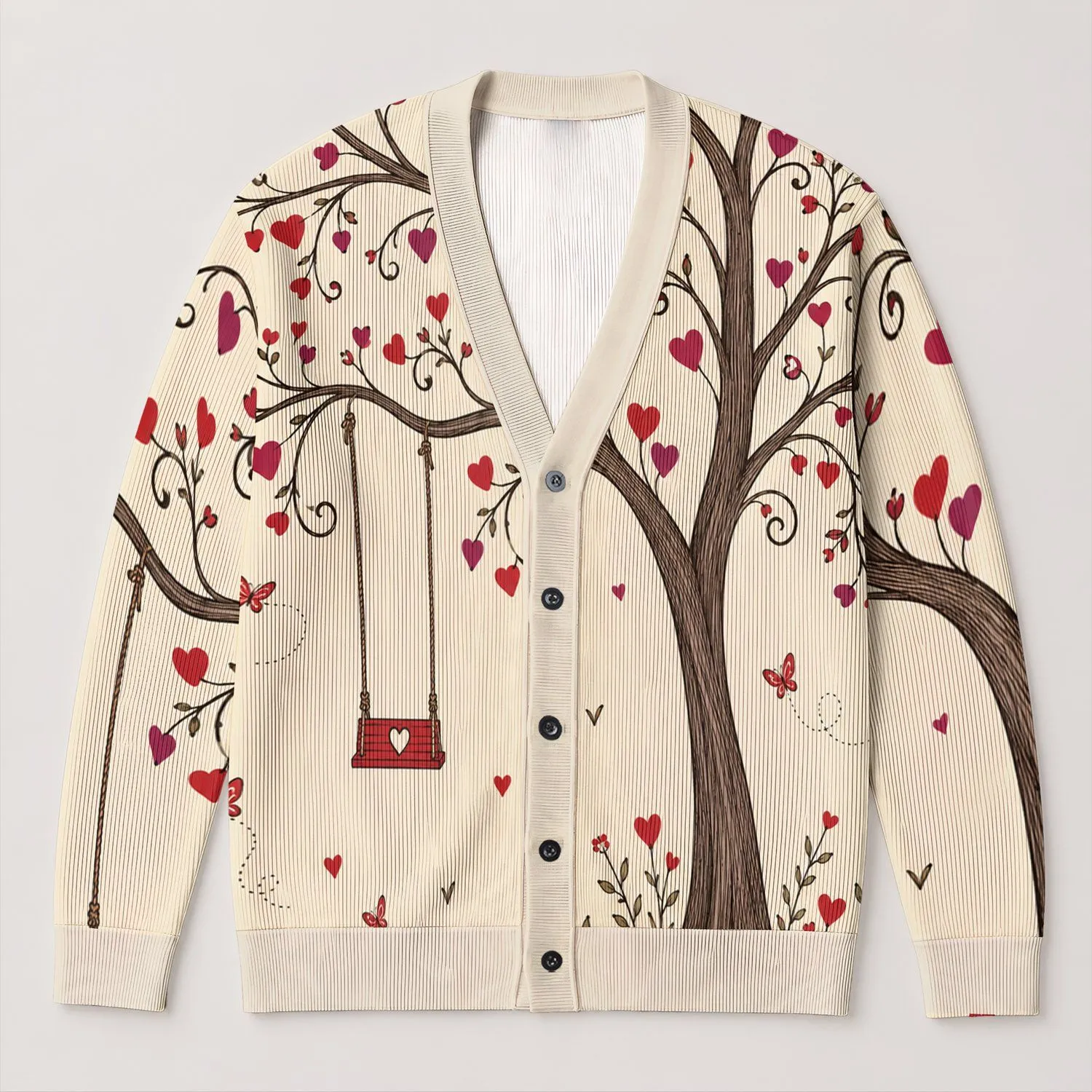 Romantic Heart Tree Swing Motif for Spring Layering and Everyday Date Outfits for Women All-over Print Knitted Cardigan - 1