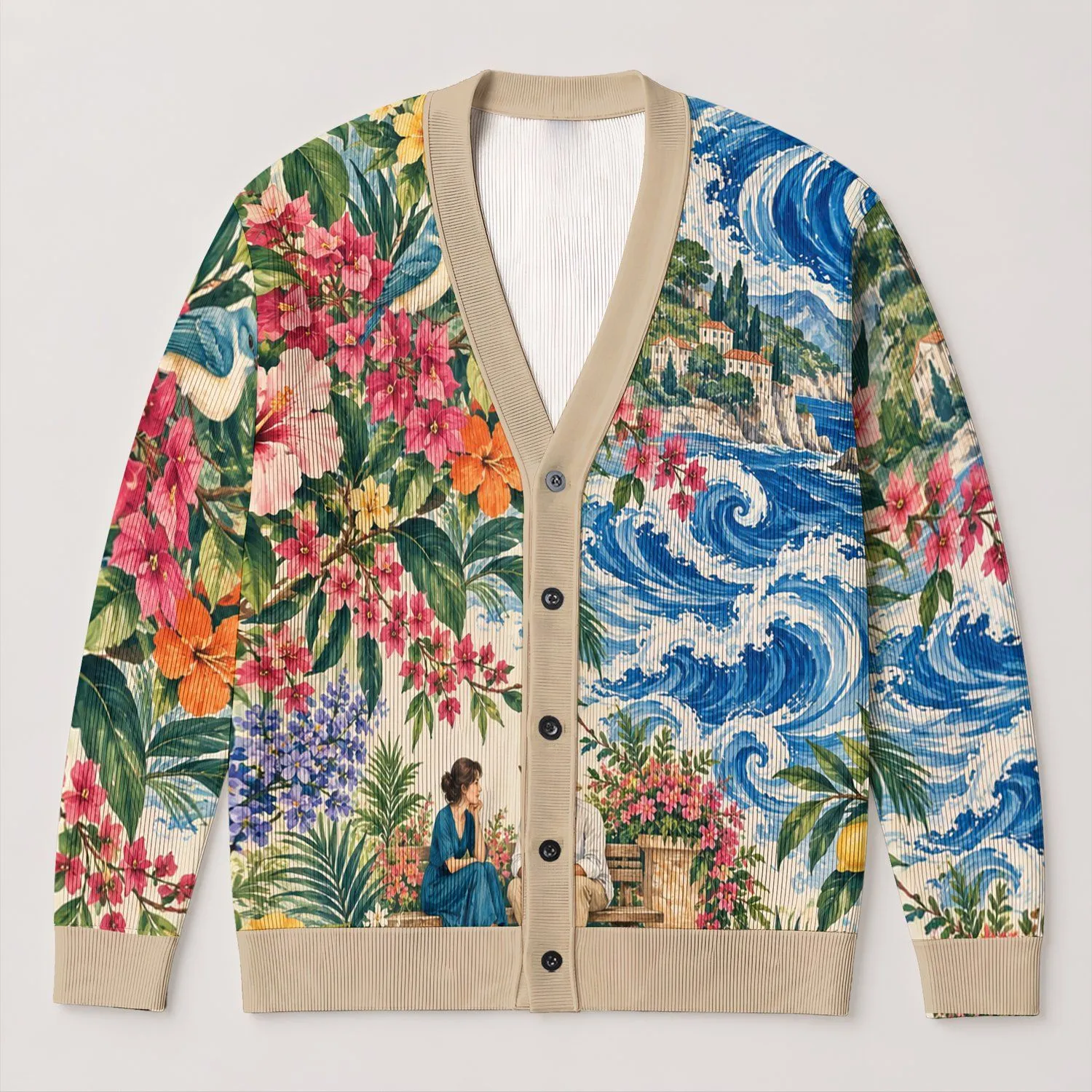 Colorful Floral Birds and Seated Couple Scene for Casual Spring Layering Women's Style All-over Print Knitted Cardigan - 1