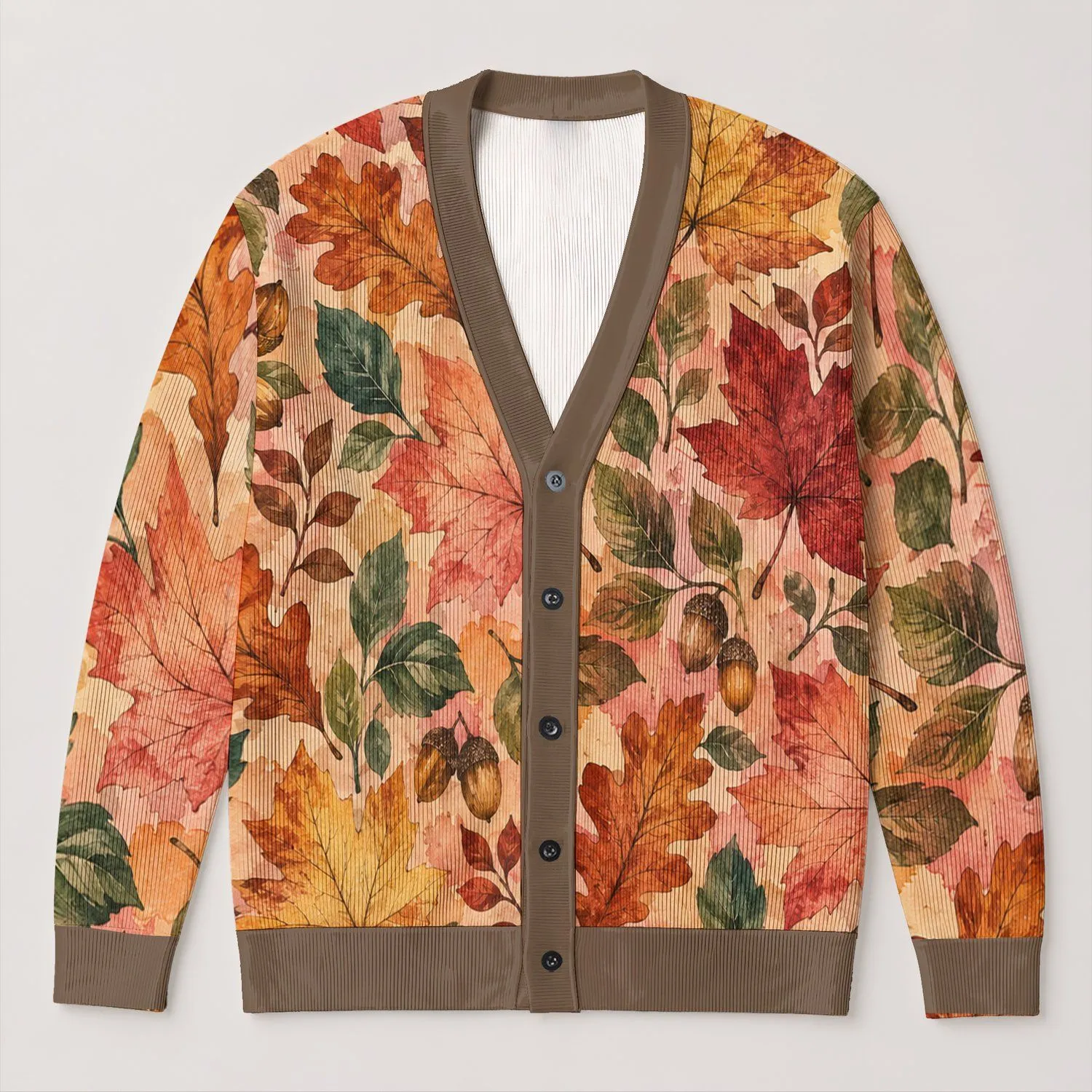 Autumn Maple Leaves and Acorns for Cozy Everyday Layering Women's Fall Wardrobe Style All-over Print Knitted Cardigan - 1