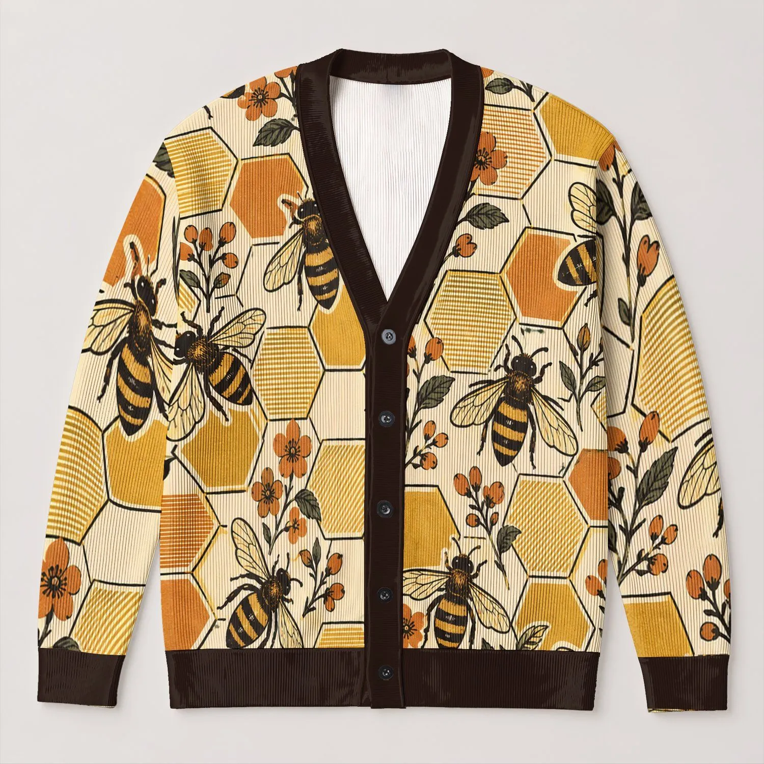 Vintage Honey Bee Honeycomb Motif for Relaxed Everyday Layering, Women's Casual Style All-over Print Knitted Cardigan - 1