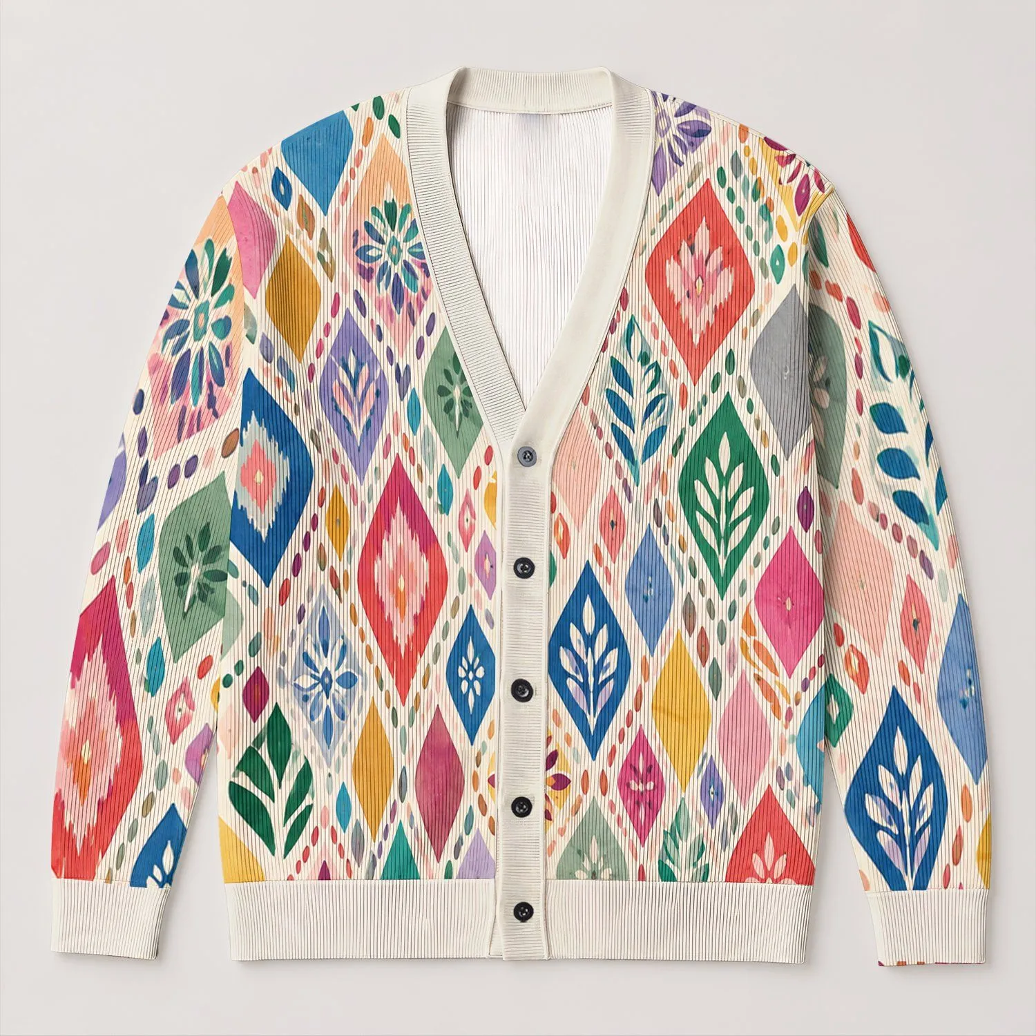 Colorful Openwork Mosaic Layers for Beach Holidays, Resort Days, and Casual Bohemian Style All-over Print Knitted Cardigan - 1