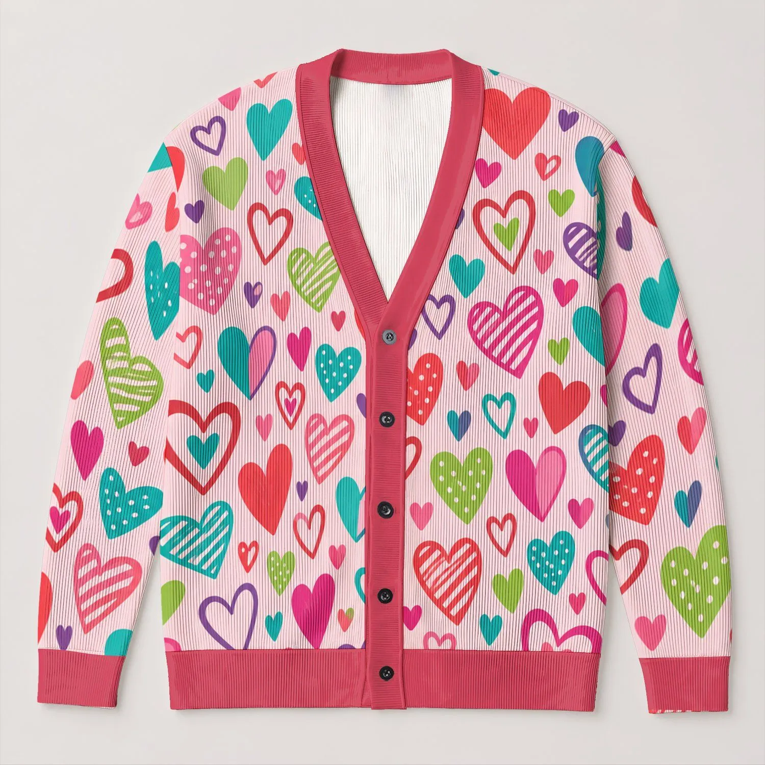 Multicolor Heart Motifs for Casual Vacation Layering, Women's Plus Size Cozy Style All-over Print Knitted Cardigan - 1