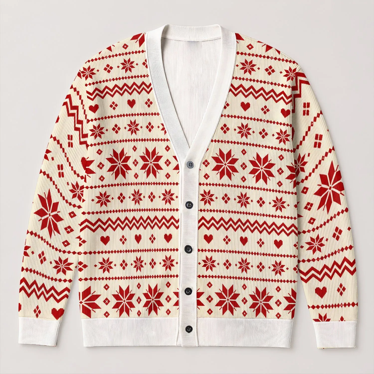 Red White Nordic Snowflakes for Cozy Holiday Layering and Winter Gatherings Style All-over Print Knitted Cardigan - 1