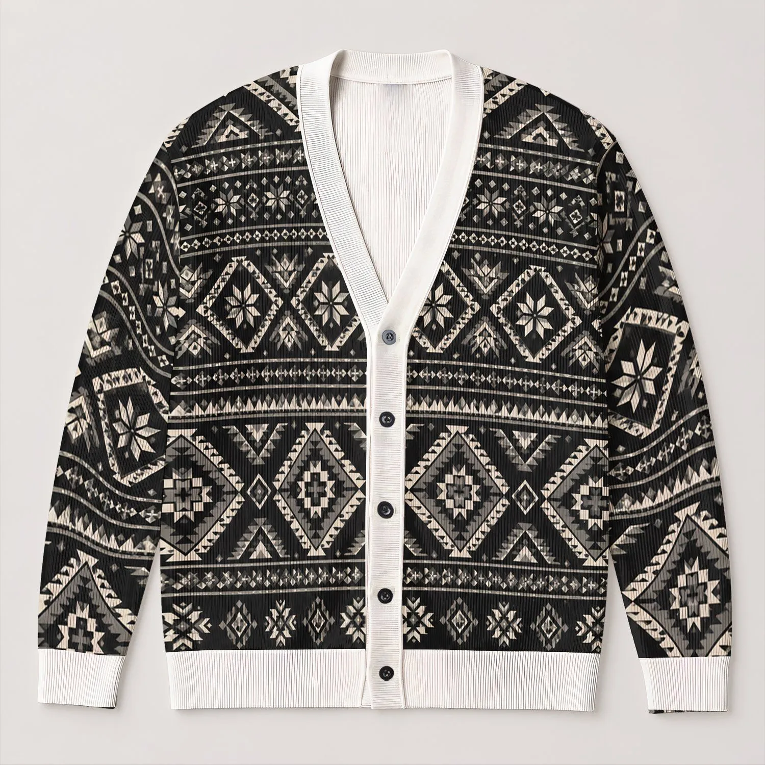 Monochrome Geometric Diamond Motifs for Casual Layering, Men's Vintage Everyday Style All-over Print Knitted Cardigan - 1