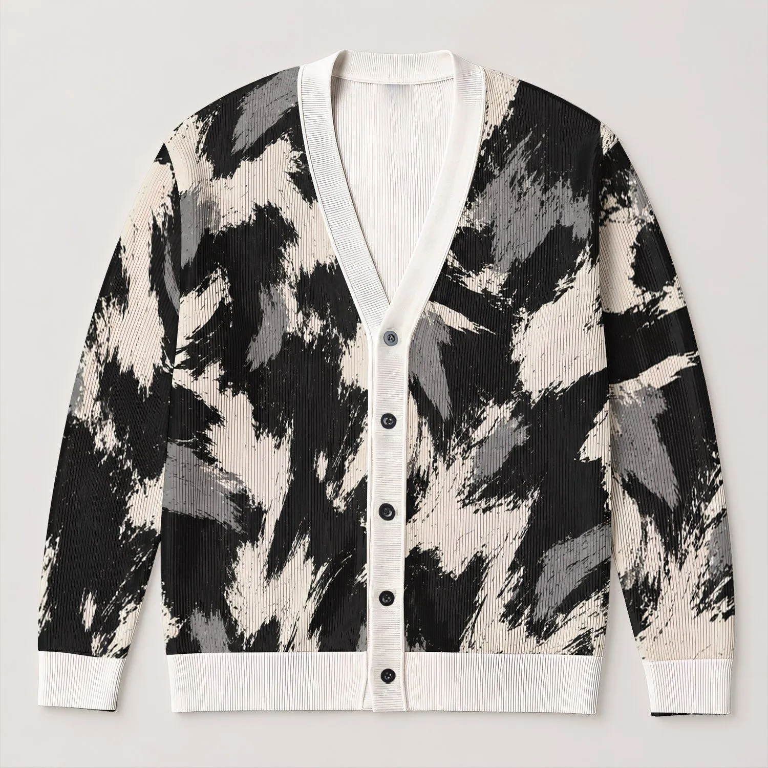 Monochrome Abstract Brushstrokes for Casual Layering and Everyday Streetwear Style Looks All-over Print Knitted Cardigan - 1
