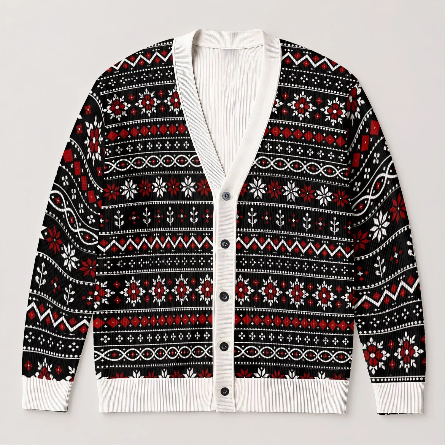Black Red Nordic Geometric Motifs for Holiday Layering and Casual Men's Everyday Style All-over Print Knitted Cardigan - 1
