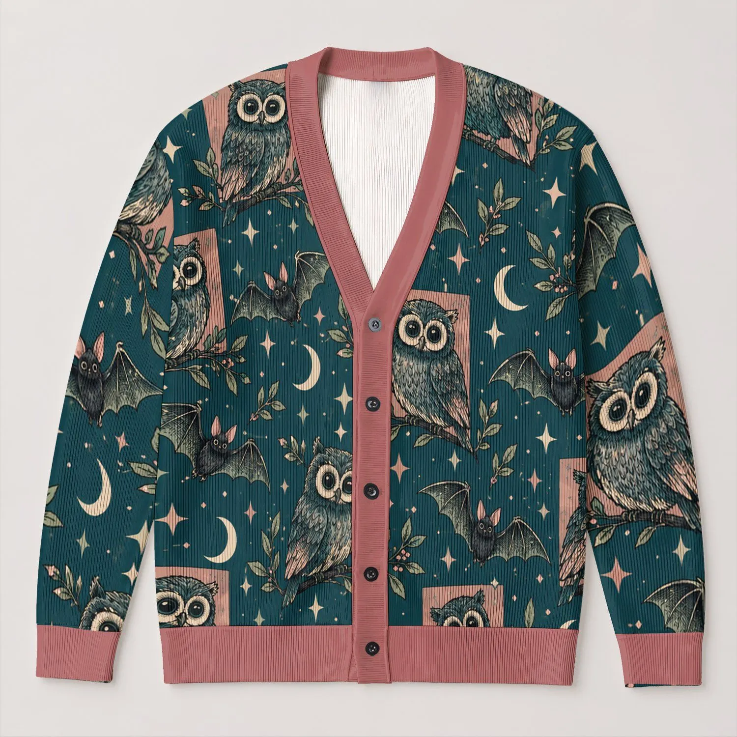 Goggle-Eyed Owls, Bats And Stars For Casual Layering And Cozy Dark Academia Style All-over Print Knitted Cardigan - 1