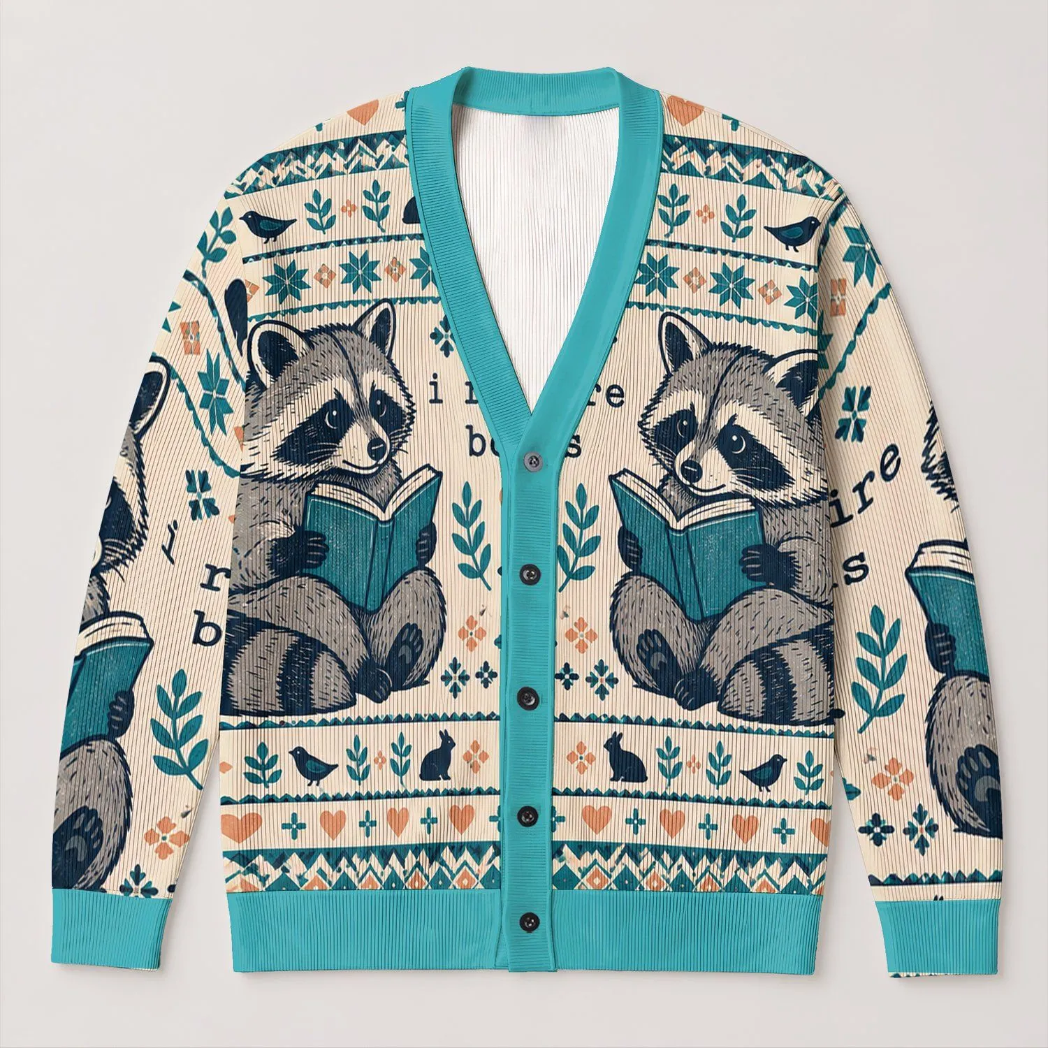 Raccoon Book Lover Geometric Nordic Style for Cozy Library Days and Casual Layering All-over Print Knitted Cardigan - 1