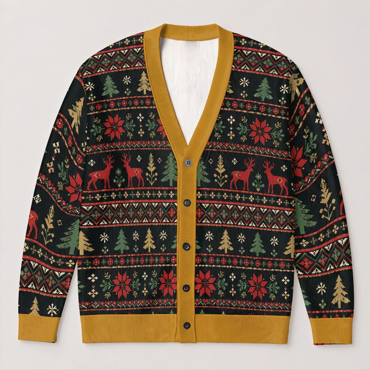 Christmas Reindeer and Evergreen Fair Isle Holiday Style for Men's Festive Layering All-over Print Knitted Cardigan - 1