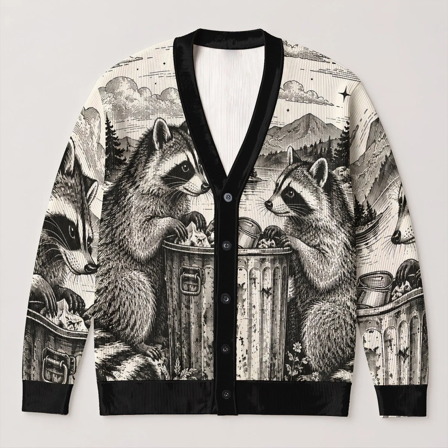 Moonlit Raccoon Duo Beneath Celestial Clouds for Relaxed Everyday Layering Style Wear All-over Print Knitted Cardigan - 1