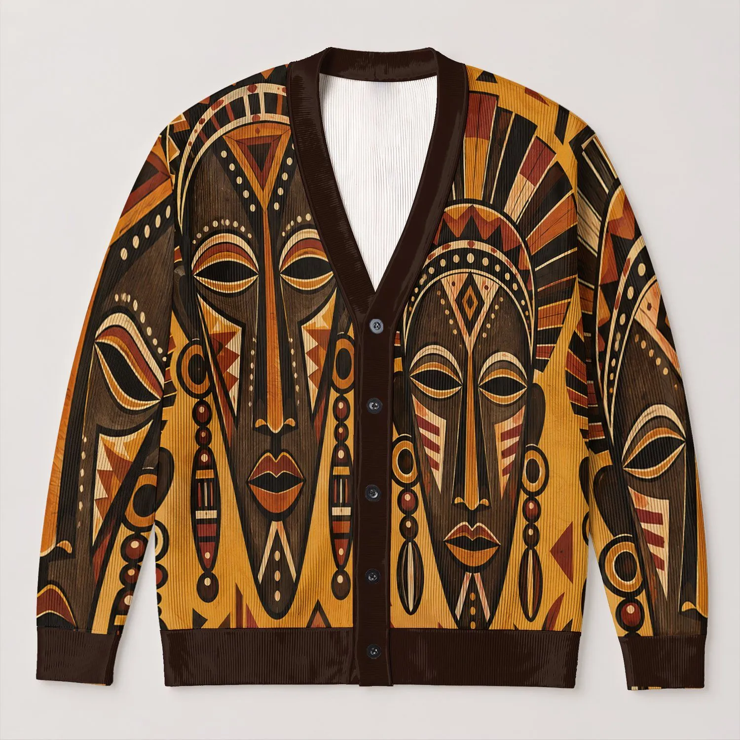 African Mask Motifs For Weekend Getaways And Effortless Everyday Layering All-over Print Knitted Cardigan - 1