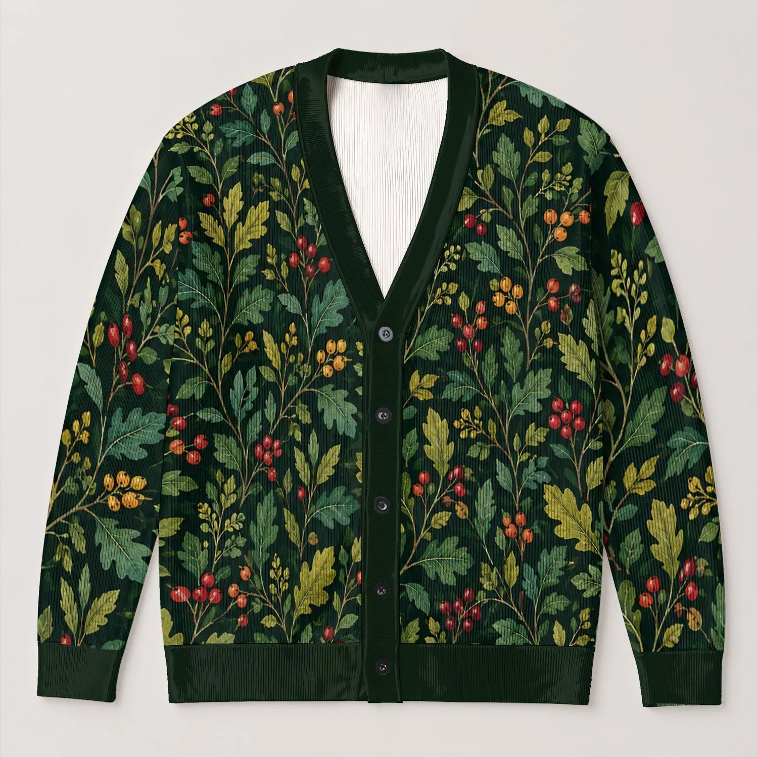 Berry Leaf Botanicals for Cozy Fall Layering and Outdoor Gatherings, Plus Size Women All-over Print Knitted Cardigan - 1