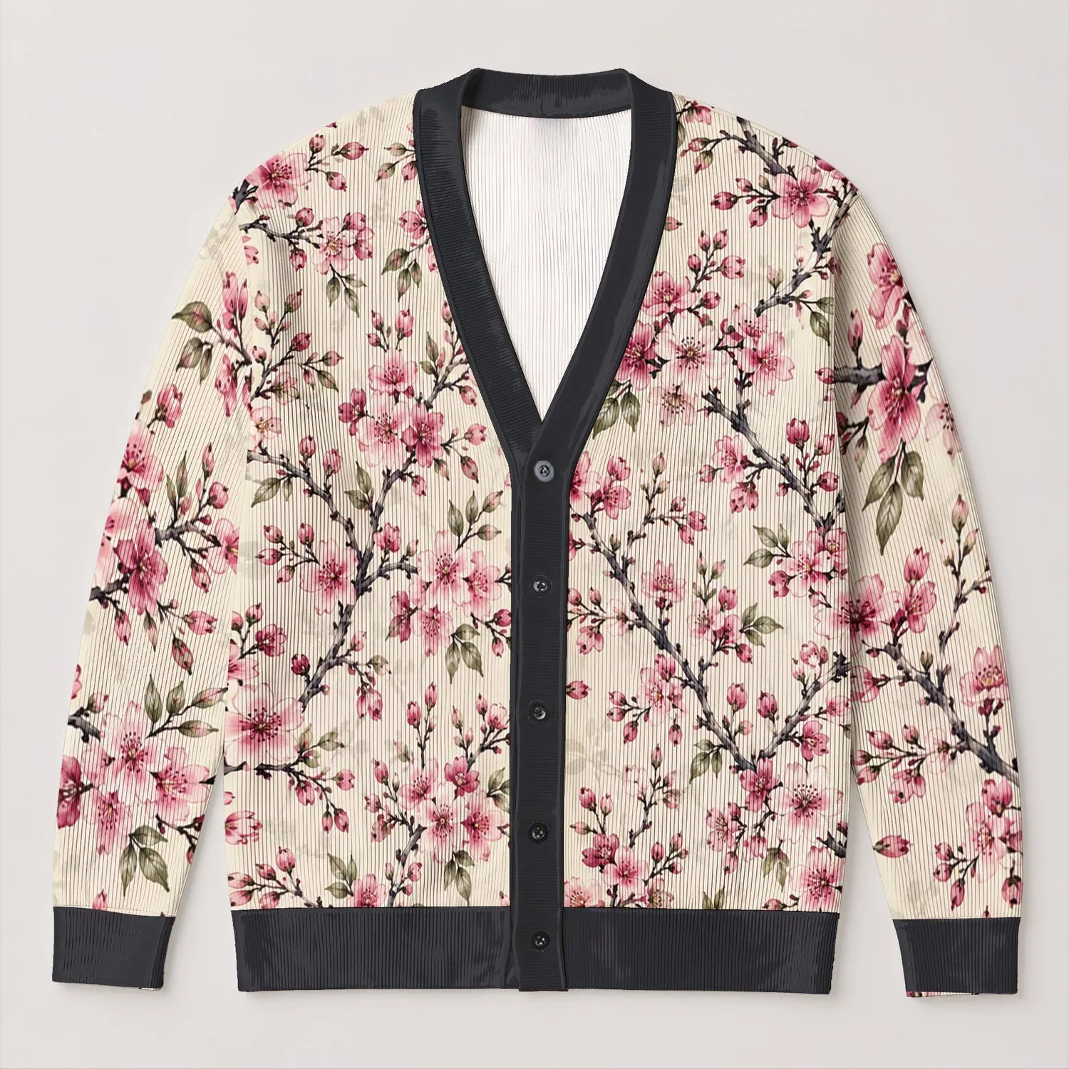 Pink Cherry Blossom Branches for Spring Layering and Japanese-Inspired Style All-over Print Knitted Cardigan - 1