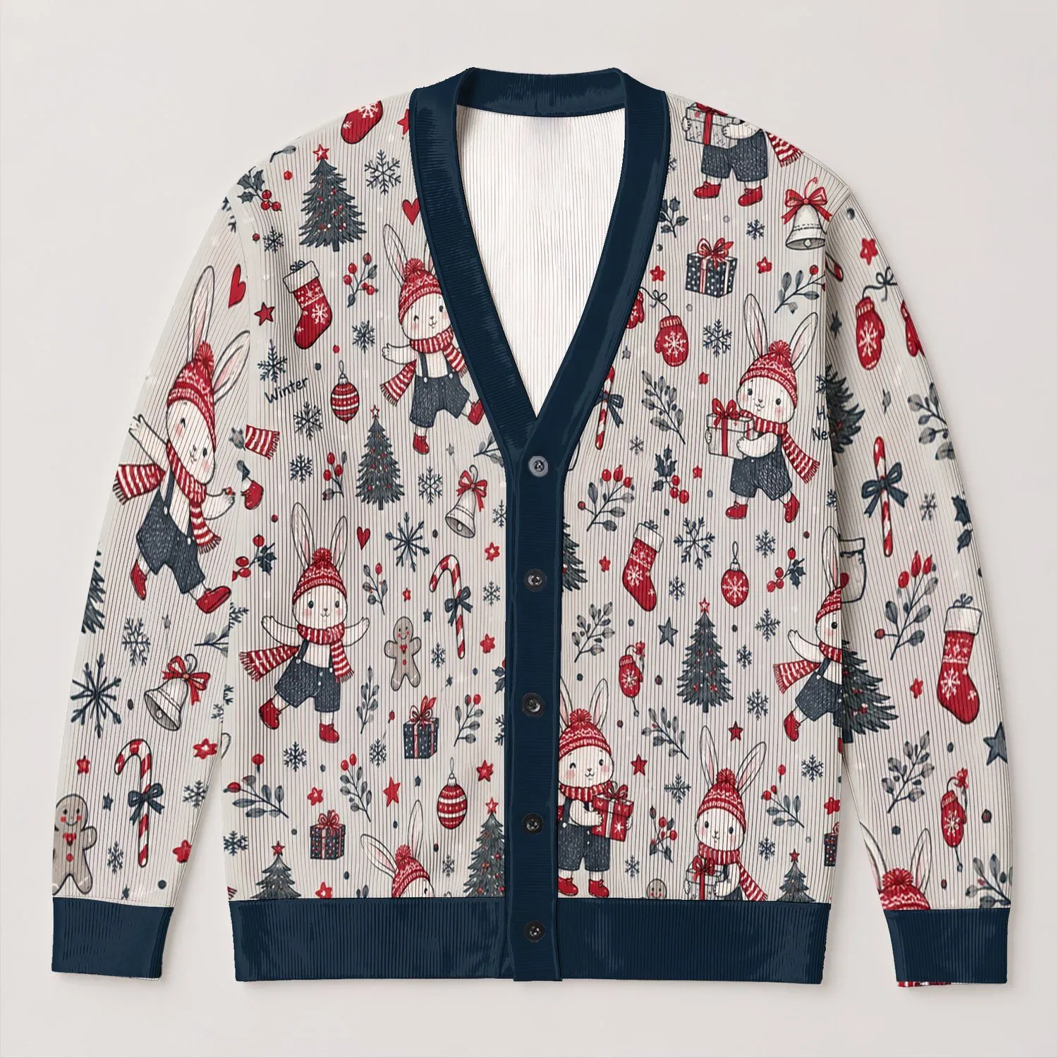 Christmas Rabbit Holiday Gift Box Snowflake Style For Women’s Winter Party Cheer All-over Print Knitted Cardigan - 1