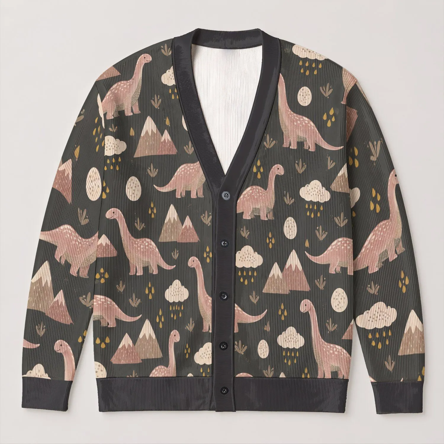 Dinosaur Mountain Raincloud Motifs for Cozy Autumn Layering and Casual Weekend Wear All-over Print Knitted Cardigan - 1