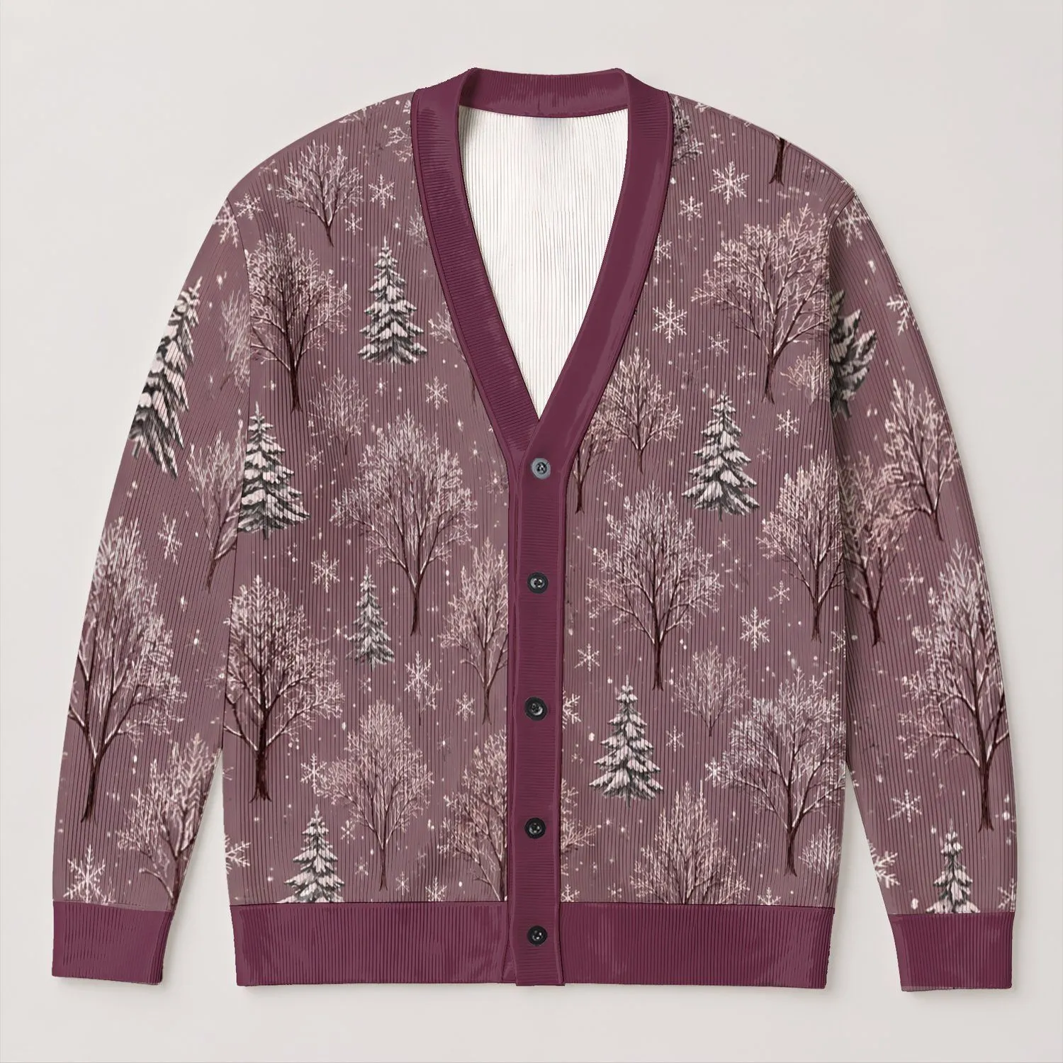 Snowy Woodland Trees and Snowflakes for Cozy Winter Gatherings, Women’s Holiday Style All-over Print Knitted Cardigan - 1