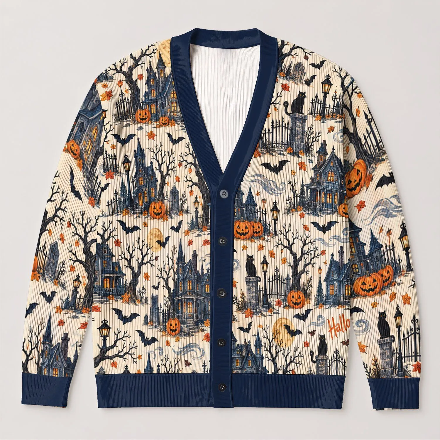 Halloween Haunted House Pumpkins and Bats for Festive Autumn Outings and Casual Layering All-over Print Knitted Cardigan - 1