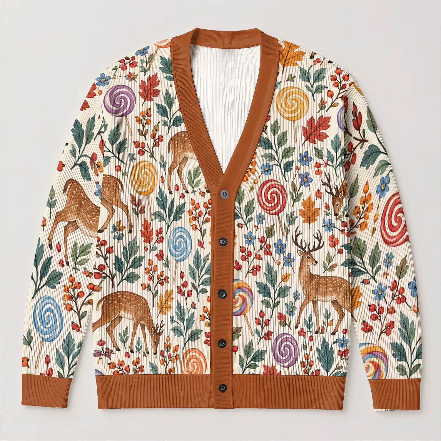 Whimsical Deer And Lollipop Autumn Motifs For Cozy Fall Outings And Everyday Wear All-over Print Knitted Cardigan - 1
