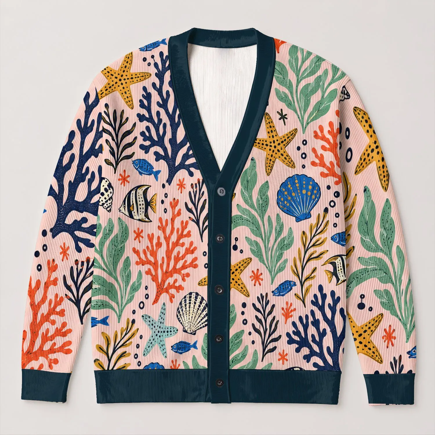 Colorful Ocean Sea Life Motifs for Relaxed Coastal Layering and Everyday Women's Style All-over Print Knitted Cardigan - 1