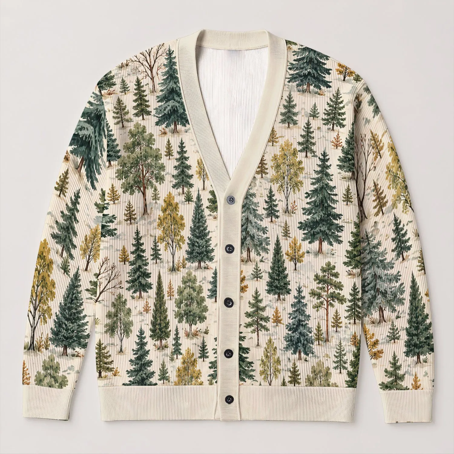 Watercolor Forest Trees For Cozy Woodland Layering, Nature Lovers And Rustic Cabin Days All-over Print Knitted Cardigan - 1