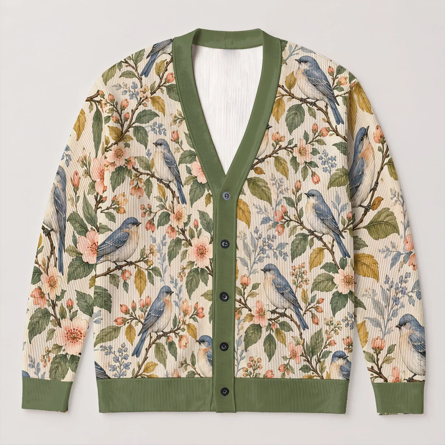 Blue Birds And Peach Blossoms For Spring Layering And Garden Days, Women’s Casual Style All-over Print Knitted Cardigan - 1